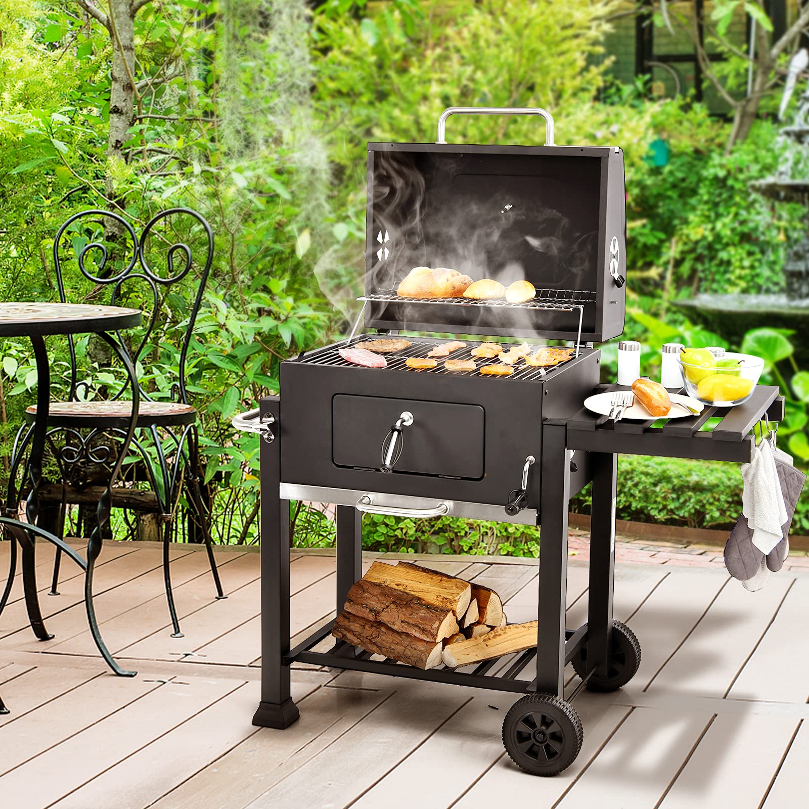 Barbecue A Carbonella COSTWAY Con Ruote - 2 Fornelli, Termometro, 115x65x108cm - Foto 9