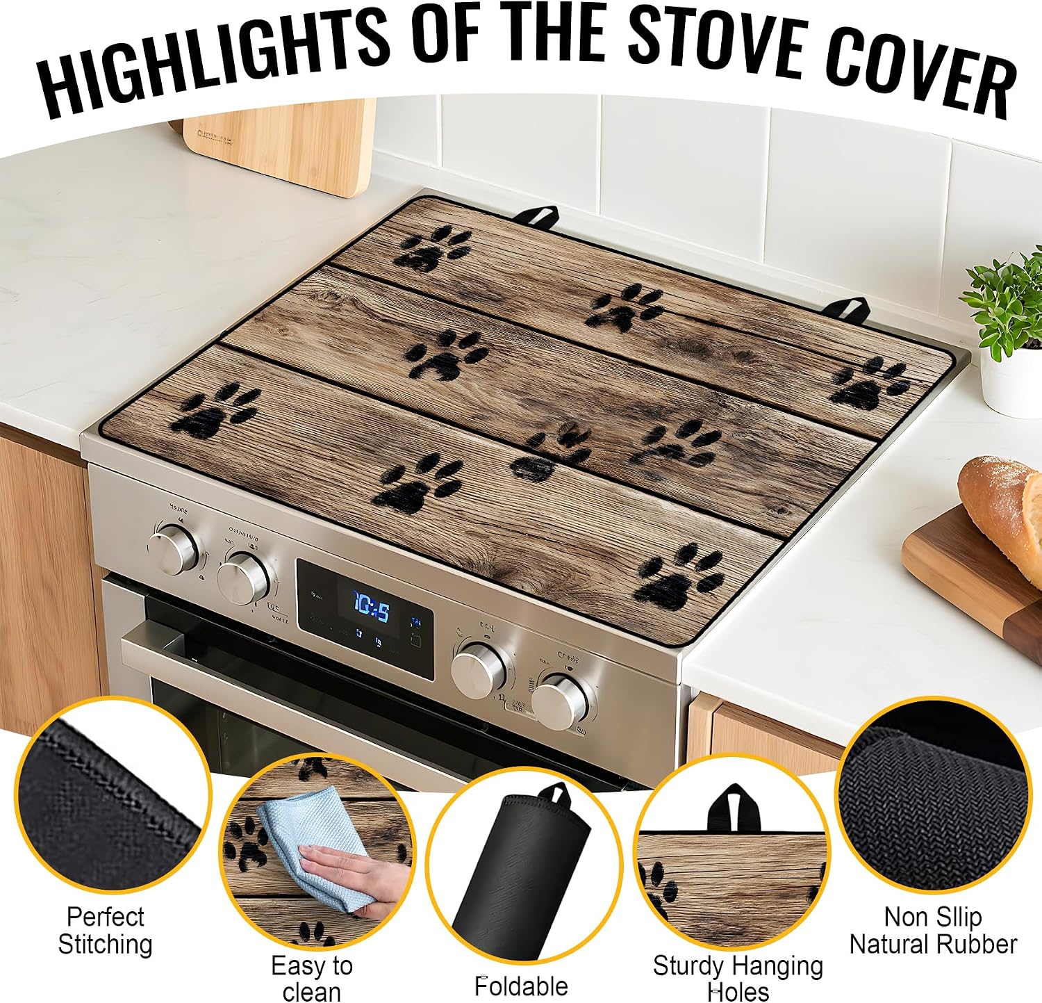 NYZE 28" x 20" Glass Stove Top Protector Mat Anti-Scratch Electric Stovetop Cover, Cute Paw Print Kitchen Dish Drying Mat & Extra Countertop Extension