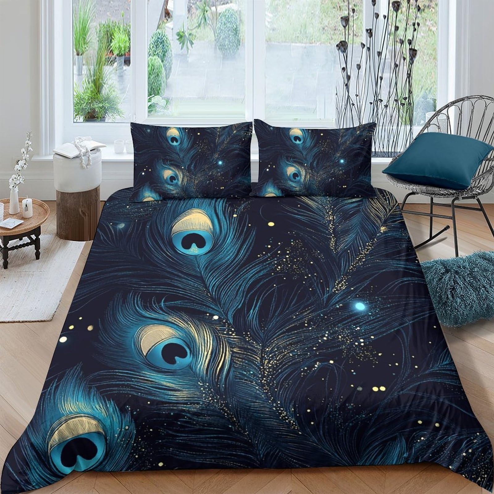 Ctjqhvkz Style-10 3D Printed Peacock Feather Fitted Sheet Microfiber Soft Bed Cover Blue Gold Artistic Mattress Cover For Bedroom Home Decor Single（135X200cm）