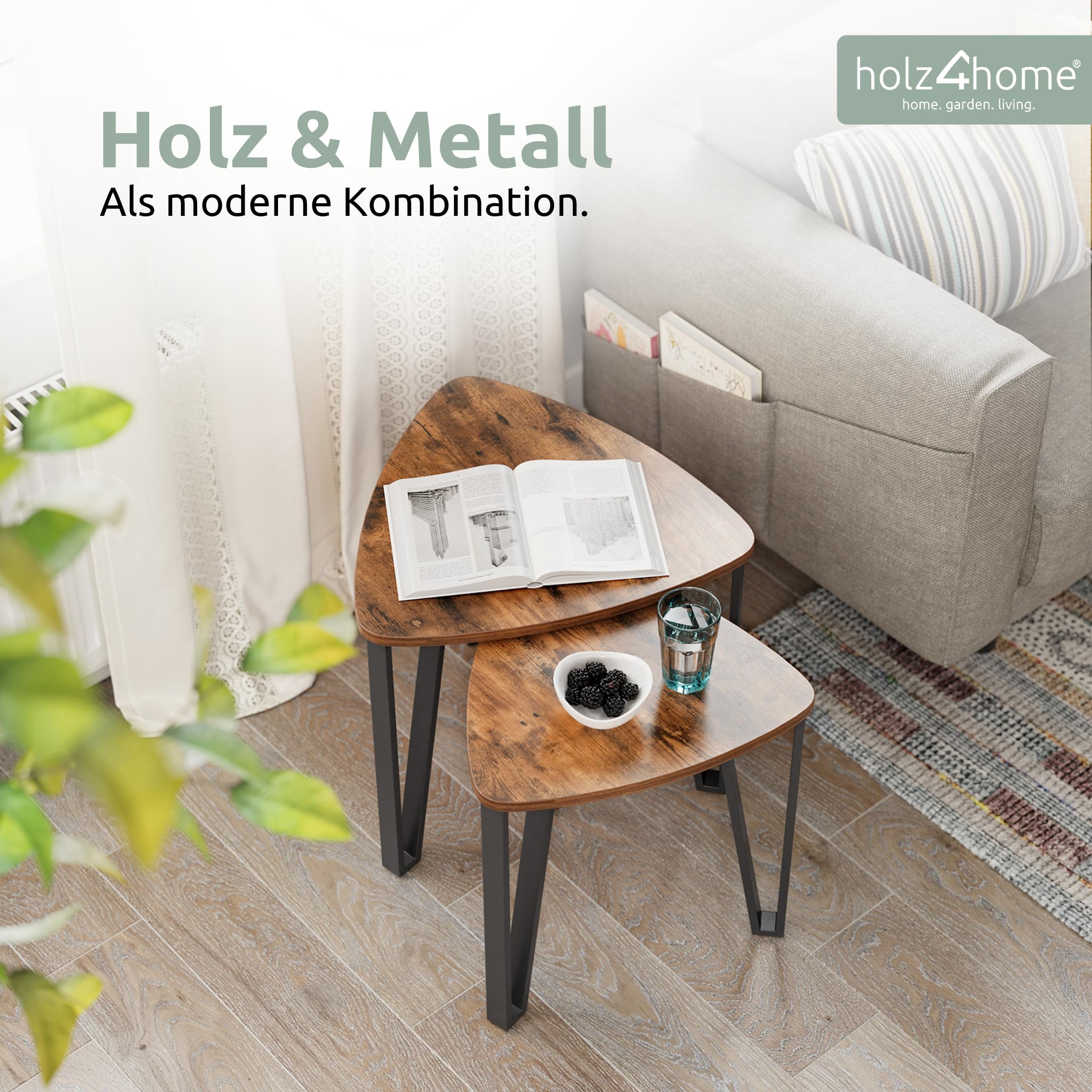 holz4home® Beistelltisch Radon im 3er Set I Industrial-Look Braun I Wohnzimmertisch I Modernes Beistelltisch Set I DREI Ablagen I Vintagetisch Teetisch Vintage Sofatisch Fernsehtisch