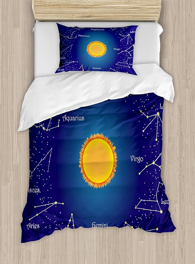 Ambesonne Astrology Duvet Cover Set, Celestial Star Chart Constellation Around Sun on The Sky Aries Sign, Decorative 2 Piece Bedding Set with 1 Pillow Sham, Twin Size, Dark Blue Orange