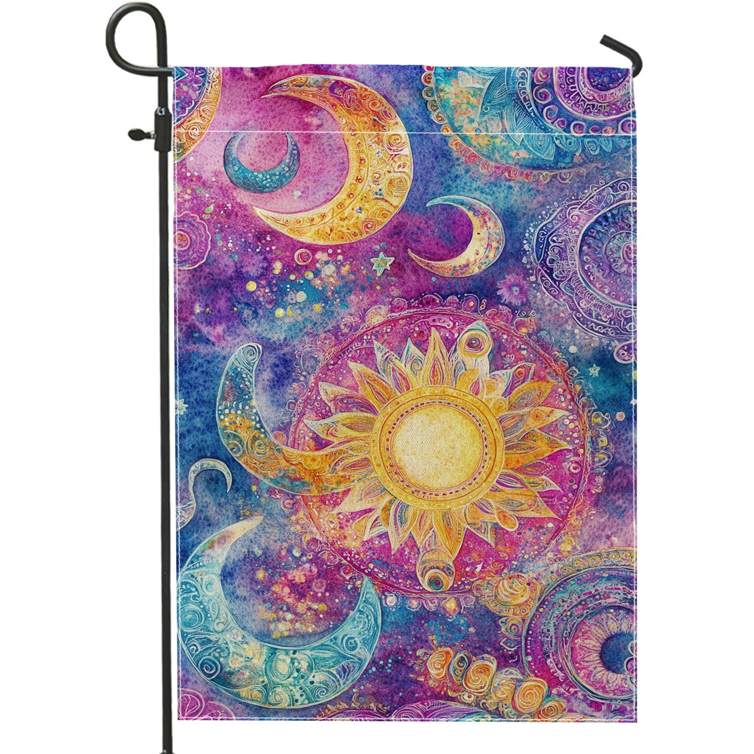Celestial Sun and Moon Garden Flag, Colorful Galactic Design Outdoor Decor Banner, Double Sided Yard Flag for Spring Summer Lawn Decoration 12x18 Inch
