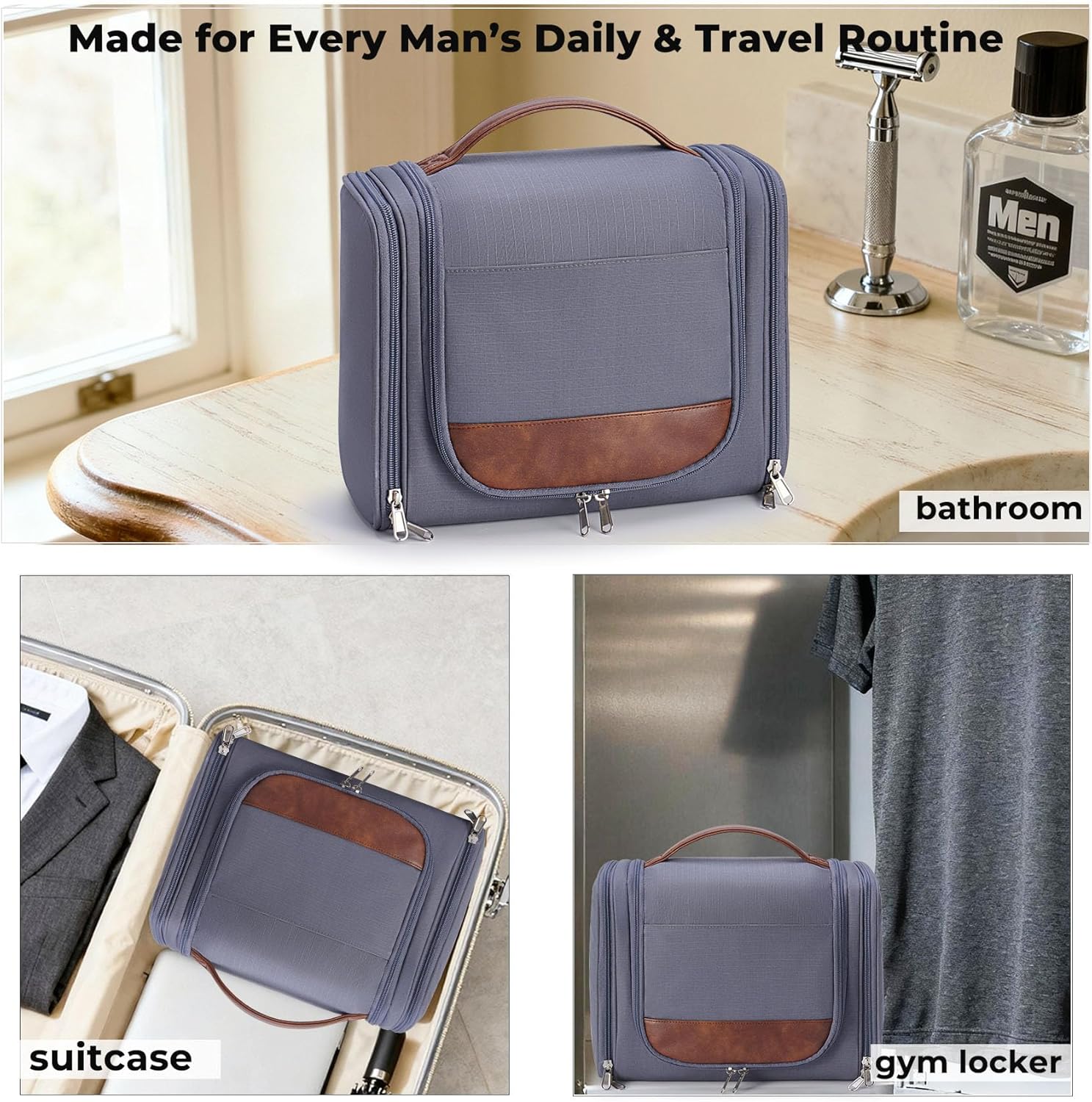 Large Hanging Toiletry Bag for Men, Travel Bathroom Bag with Hook, Hygiene Bag Organizer for Shower, Shaving & Grooming Essentials, Gray - Image 5