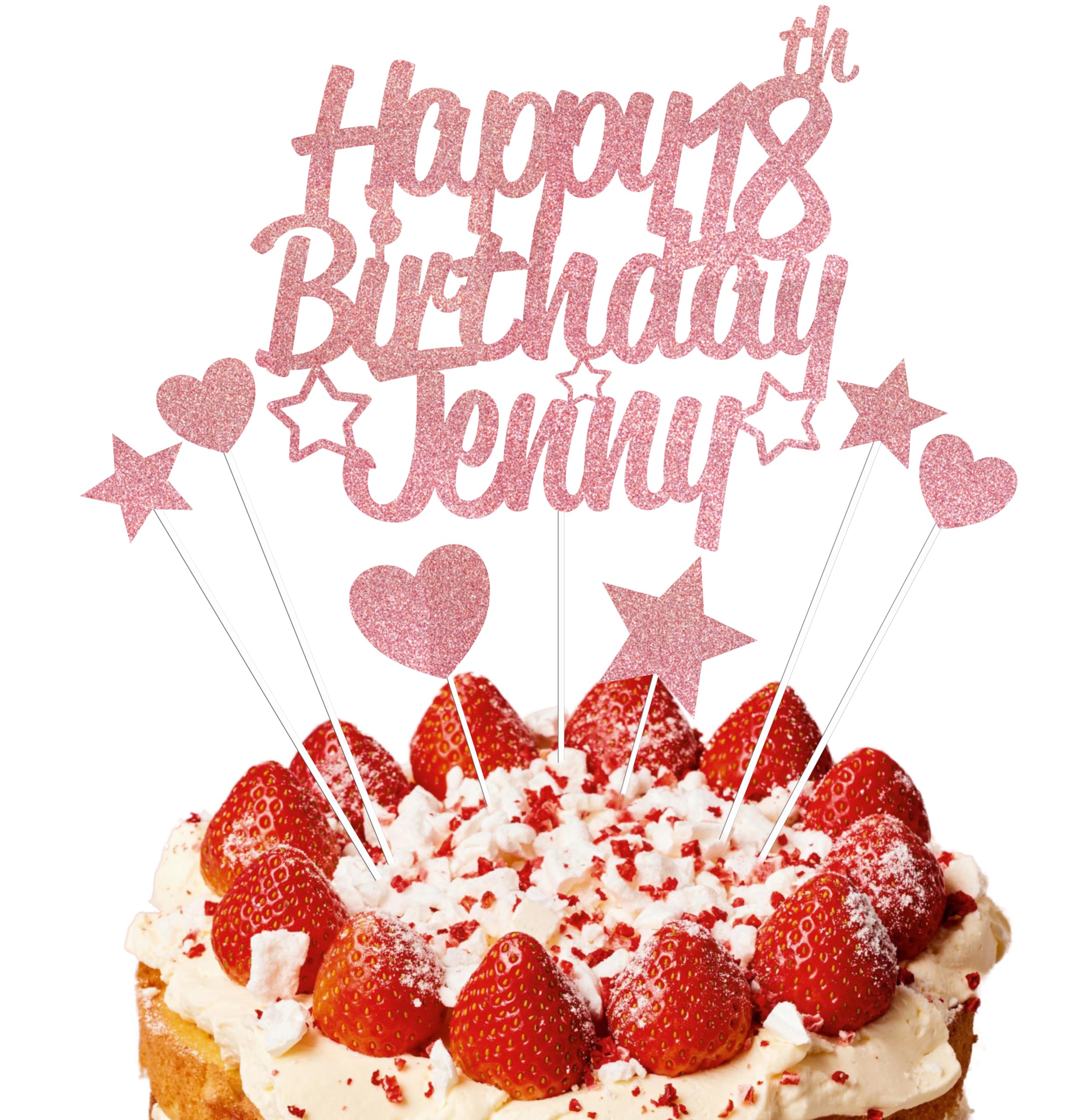 EKAM Personalised Happy Birthday Cake Topper, Customised with Any Age Name Party Cake Decoration, Glitter Card Cake Topper With Heart Star Cup Cake Toppers - 9Pcs (Prime, Rose Gold)