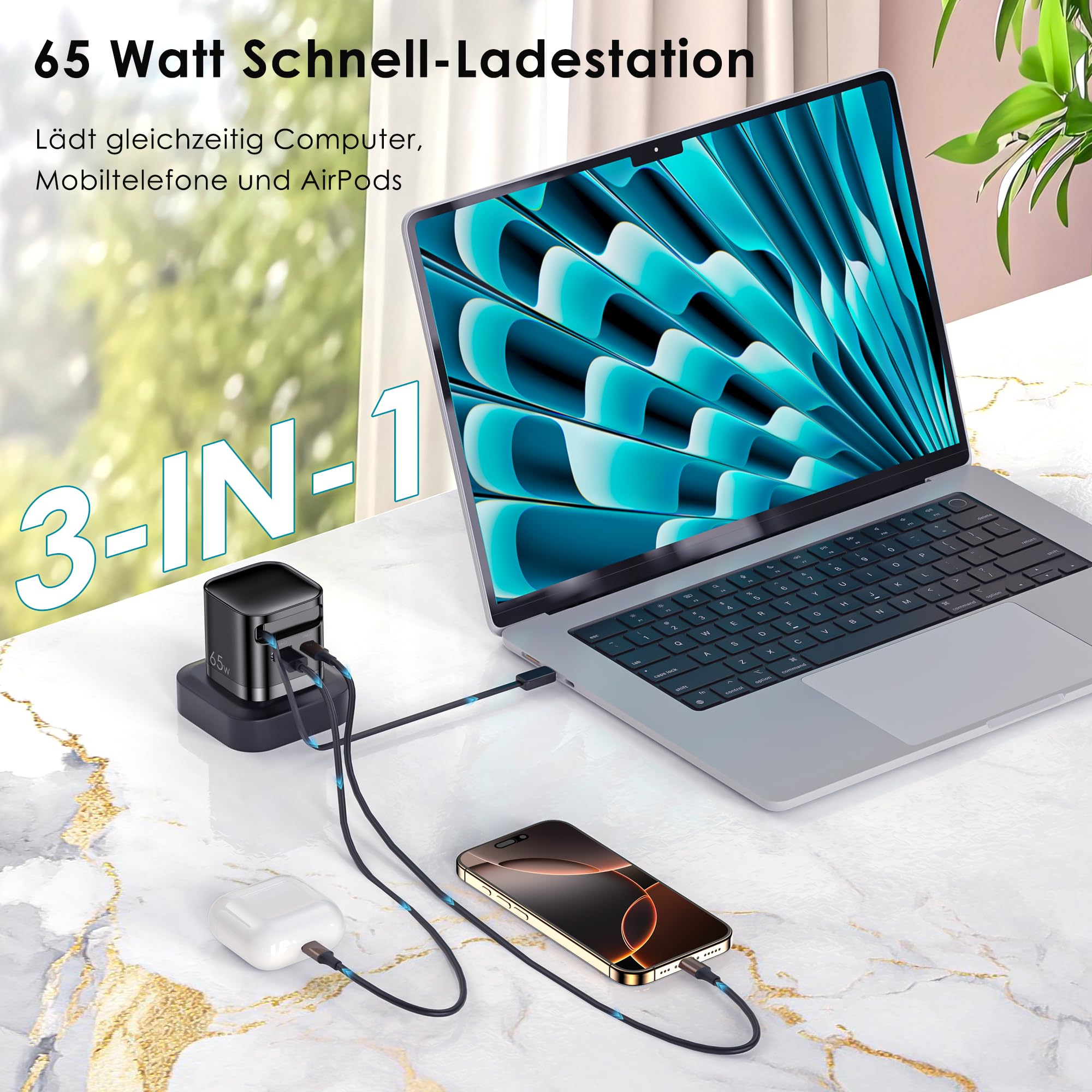 UGREEN Nexode USB-C intrekbare Charger 65W GaN-oplader met oplaadkabel, 3-poorts snellader, PPS 45W lader voor op reis, compatibel met MacBook Pro/Air, Galaxy S-A-serie, iPhone 16-8-serie, iPads