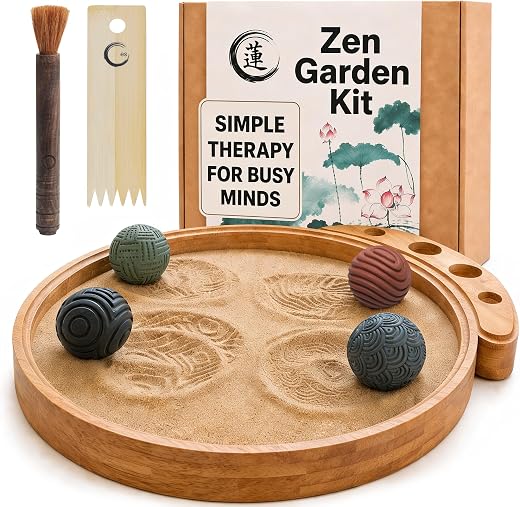 Japanese Zen Garden Kit for Desk – Premium Sand Garden – Mini Zen Décor Office Desktop Accessories – Bamboo Crafted Meditation Therapy Tray – Gift Set – 4 Stamp Spheres Natural Rake Custom Holder