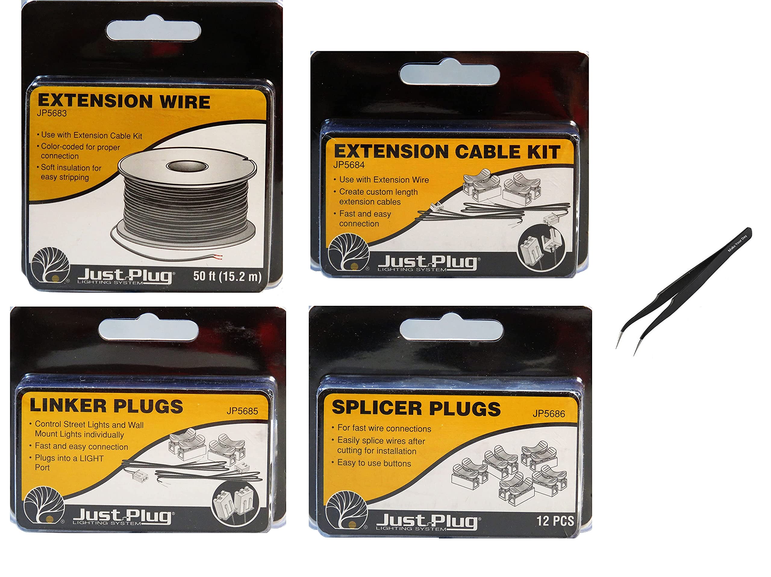 Woodland Scenics Extension Wire, Extension Cable Kit, Linker Plugs, Splicer Plugs, and MYD Tweezers (Pack of 5)