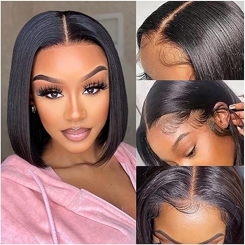 Peluca de cabello humano Bob de 13 x 4 con encaje frontal para mujeres negras, pelucas de cabello humano corto sin pegamento, prearrancadas con
