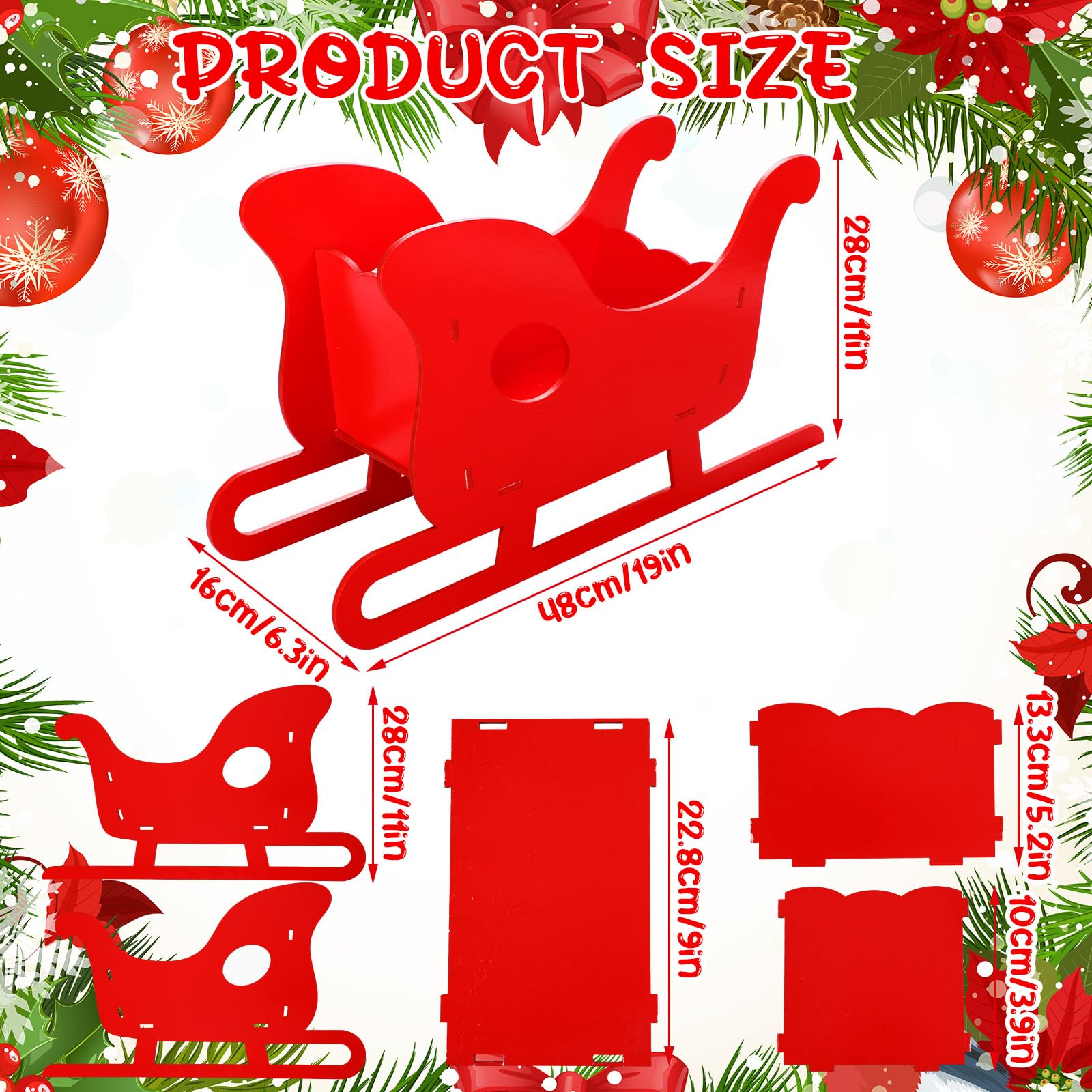 Lineshading Grande décoration de traîneau de Noël en bois rouge de 48,3 x 27,9 cm - Décoration de table rustique pour fête de Noël - Pendentif bol à bonbons