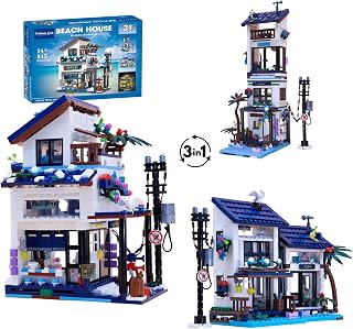 3 in 1 Beach House Building Block Set, City MOC Block Model, Light Module Included, Building Bricks Set Compatible with Major Brand (813Pcs)