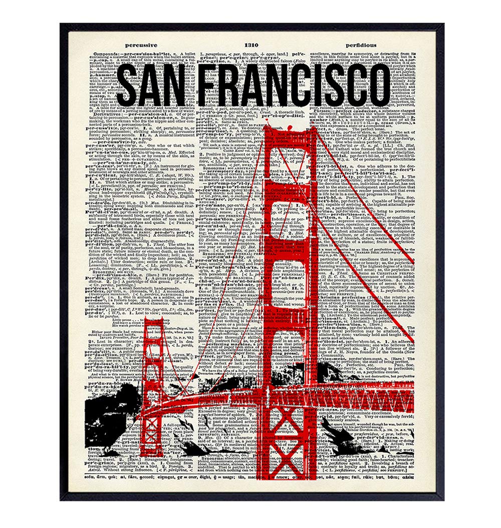 San Francisco Golden Gate Bridge Dictionary Wall Art - 8x10 Upcycled Photo, Home Decor, Room Decoration Poster Print - Cool Unique Gift for California, CA Fans - Unframed Picture