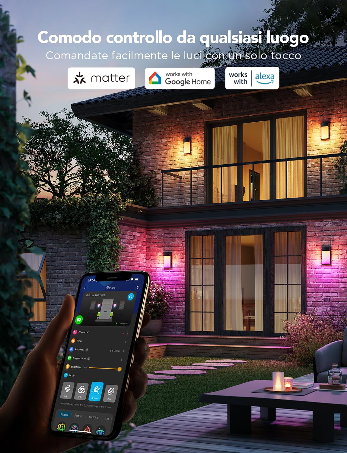 Govee Applique da Esterno RGBIC, 1500lm Lampada da Esterno, IP65, 2 Pezzi | 2700K–6500K Applique da Parete Esterno, 45 Scena, Effetti di Luce fai DIY, Matter/Alexa/Google, Veranda, Balcone, Terrazza