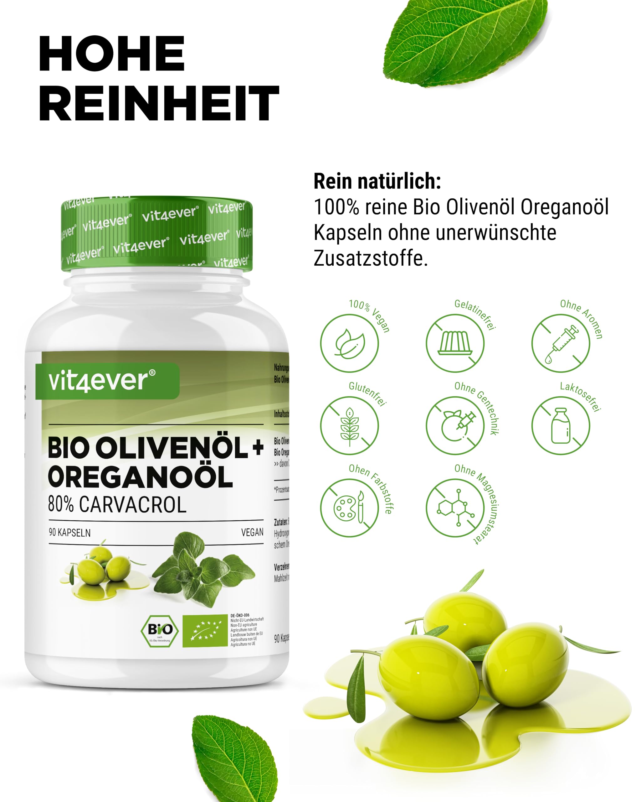 vit4ever Bio Oreganoöl Olivenöl - 90 Kapseln - Hochdosiert mit 80 mg Carvacrol pro Kapsel - griechisches Oreganoöl & natives Olivenöl aus kontrolliert biologischem Anbau - Vegan