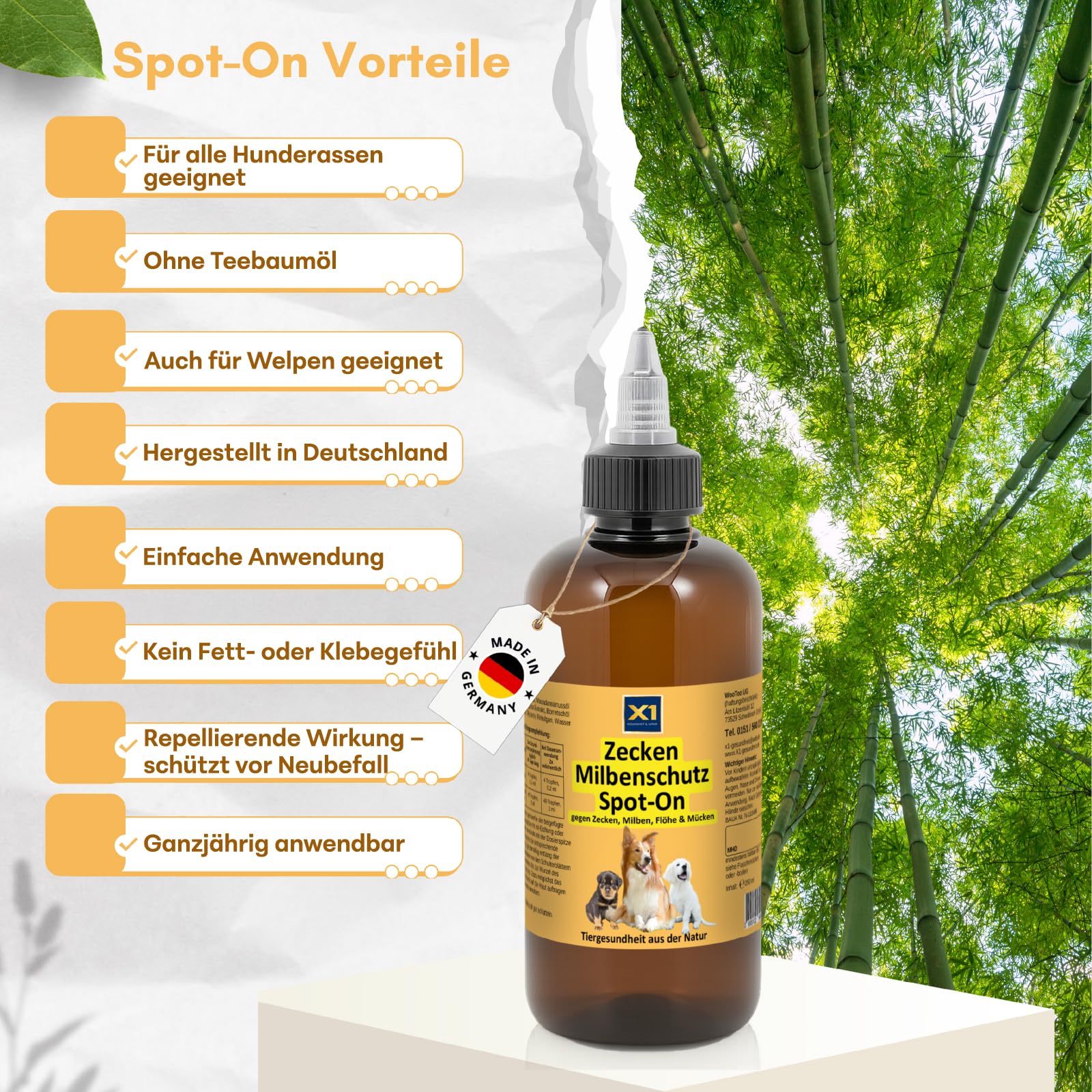 X1 Zecken-, Floh- & Milbenschutz Hund Spot-On 250 ml – Geruchlos, ohne Teebaumöl – Natürlicher Schutz mit Margosa & Kokosöl – Wasserfest & sparsam – Made in Germany – für alle Hunderassen