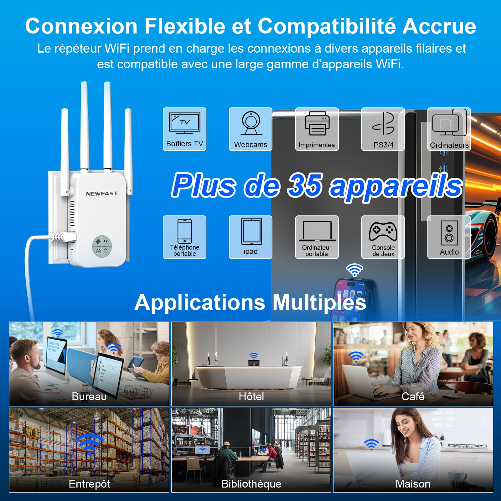 NEWFAST Ripetitore WiFi Potente RE523, AC1200 Amplificatore WiFi Potente | 1 Porta Ethernet, Copre fino a 100 m², Ripetitore WiFi Compatibile con Internet Box, Configurazione Facile, Bianco