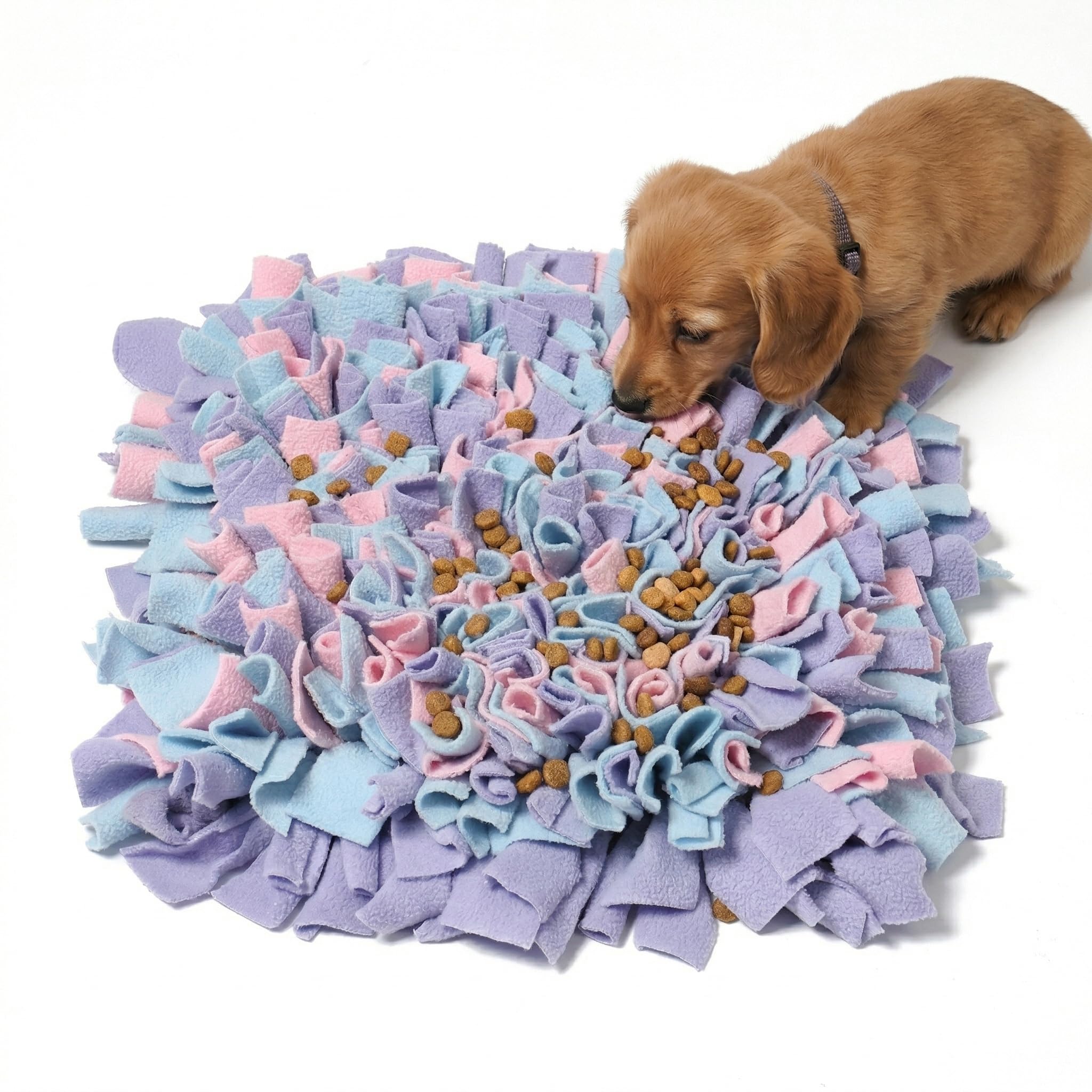YEAKOO Dog Snuffle Mat, Hand Woven Dog Sniffing Pad Soft Pet Nose Work Smell Snuffling Mat Training Feeding Foraging Skill Blanket Pet Play Puzzle Toys 45cmx45cm (Yellow/Purple/Pink)