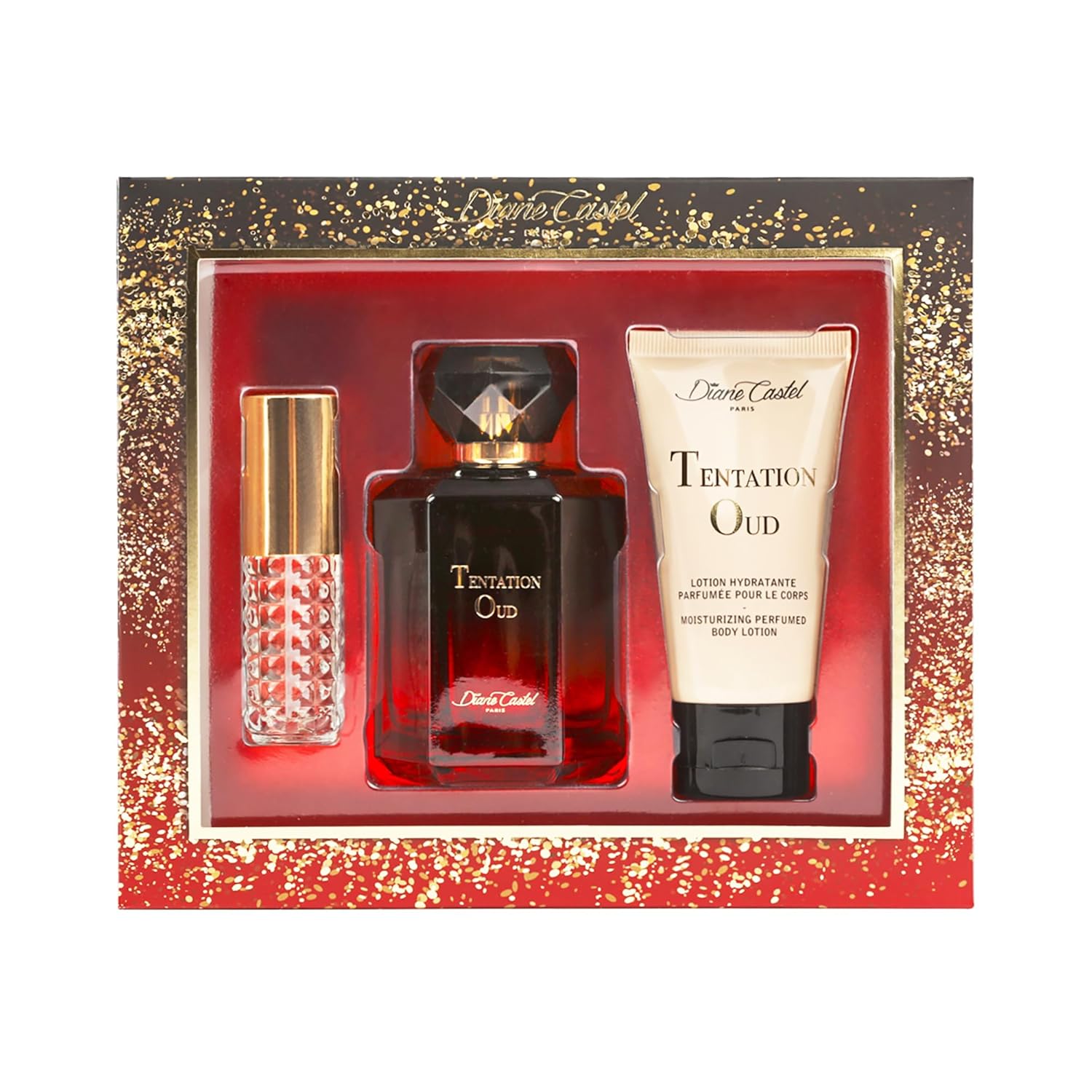 Tentation Oud Gift Set - Amber Spicy Gourmand Fragrance - Women Perfume and Body Lotion - Notes of Saffron, Jasmine, and Oud - 3 pc