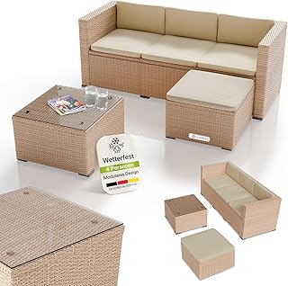 Juskys® Polyrattan Lounge Punta Cana M für 3-4 Personen mit 3er Sofa, Sessel, Tisch & Kissen, Sitzgruppe für Garten, Terrasse und Balkon, Gartenmöbel Set wetterfest - Creme