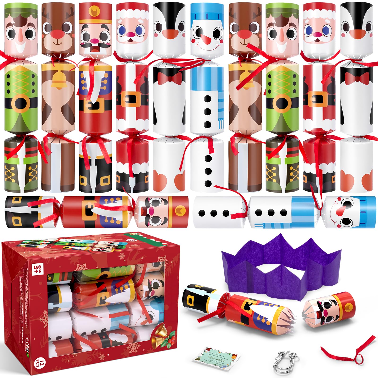 SUGFUT 12 Pack Christmas Crackers Non-Snap Christmas Party Table Favors with Characters Holiday Party Favor Supplies for Kids and Adults, Parties,