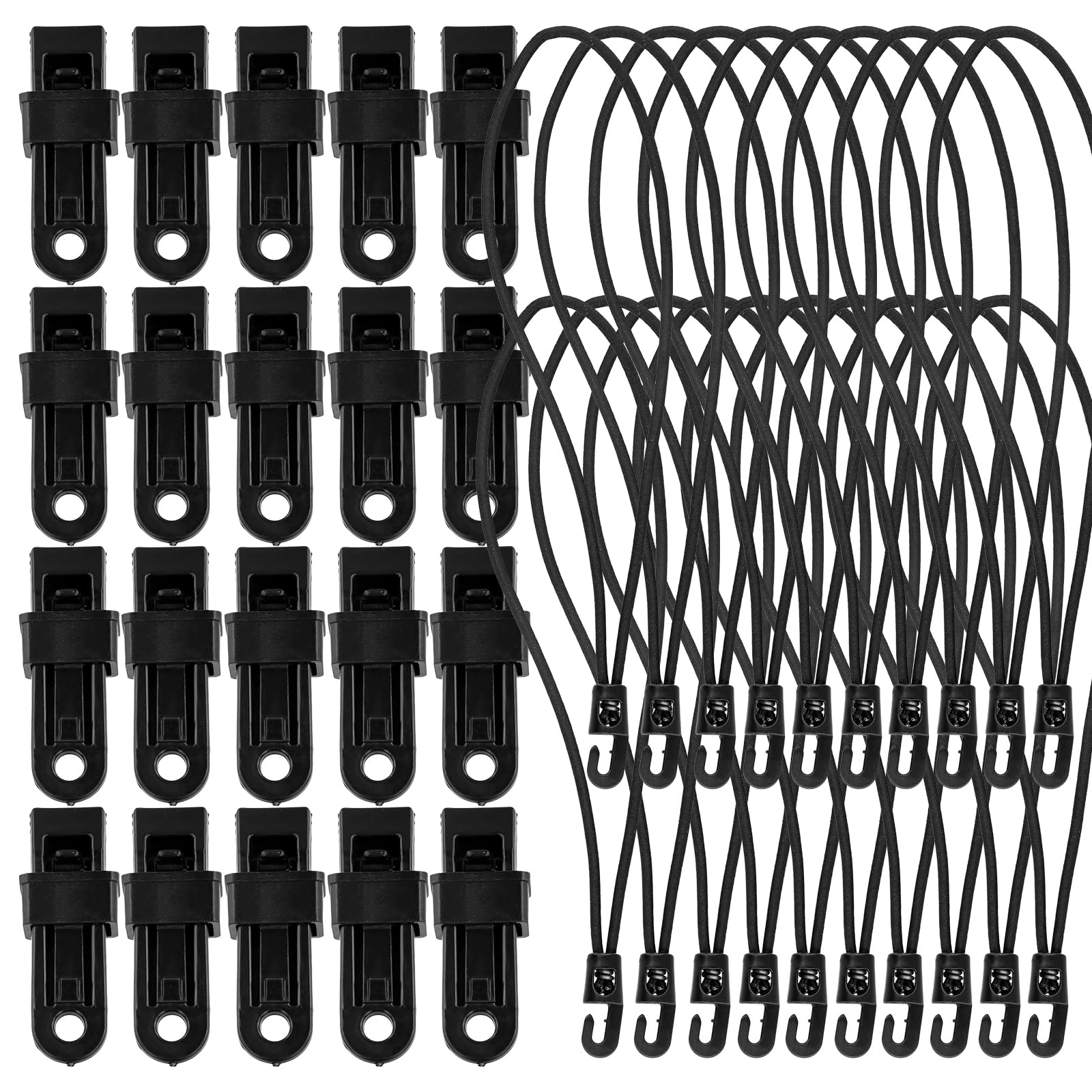Lot 25 Clips Bâche Tente + 25 Tendeurs Caoutchouc Avec Crochets - Kit Fixation Robuste
