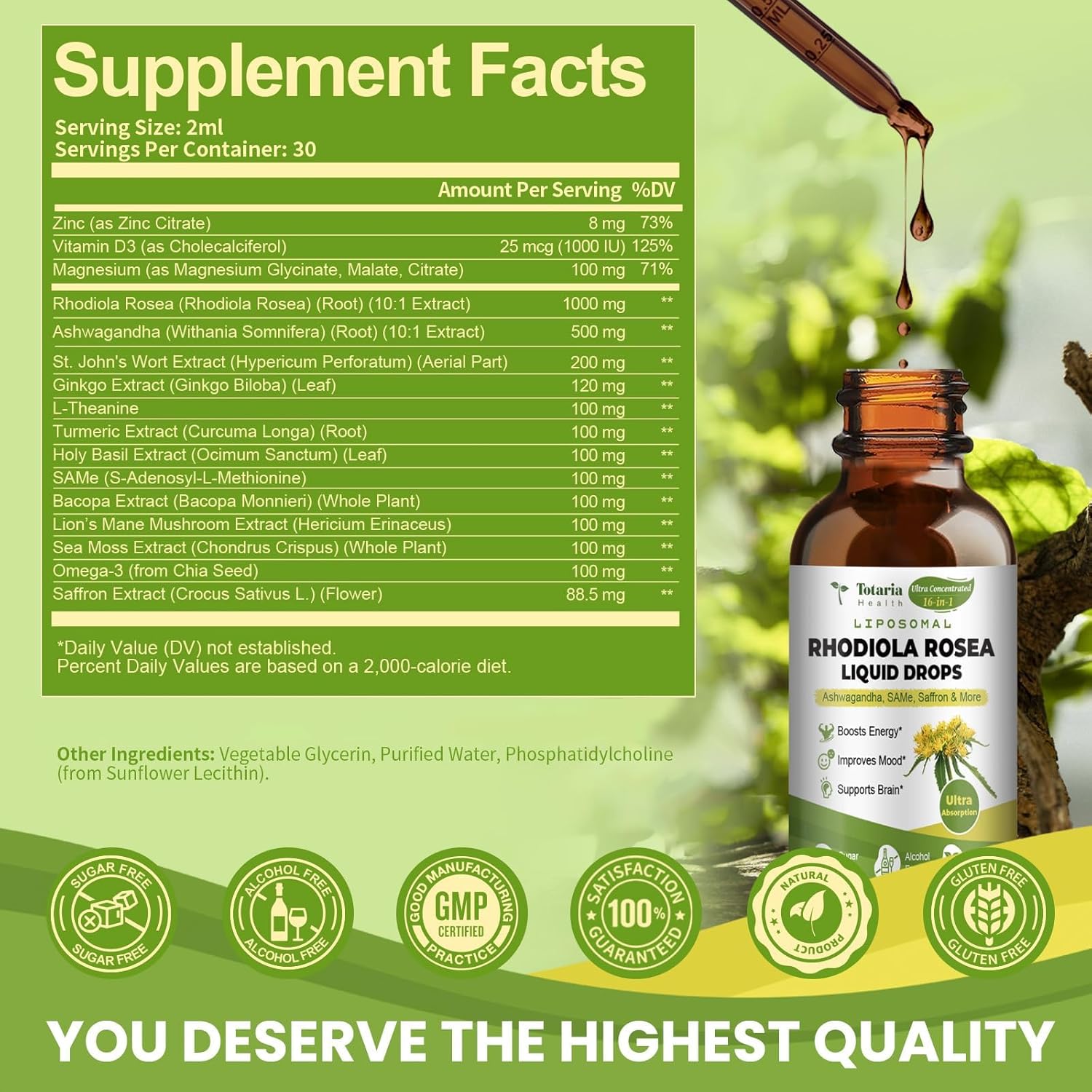 Liposomal Rhodiola Rosea Tincture, Ultra Strength Rhodiola Supplement with Ashwagandha, Saffron, Magnesium, SAM-e, Rhodiola Rosea Extract Liquid Drops for Natural Relaxation, Mood, Energy, Pack of 2