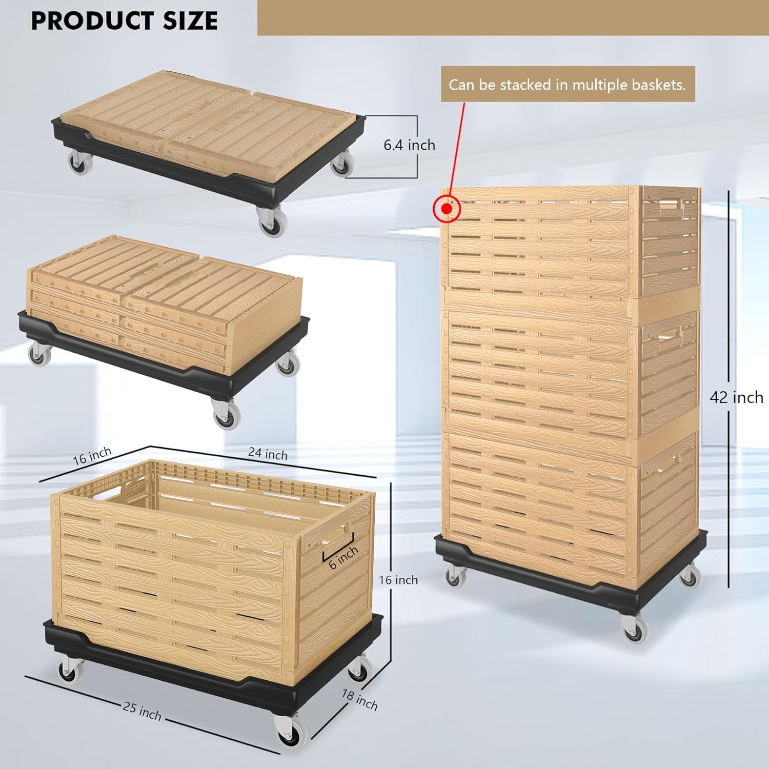 Moving Dolly with Collapsible Storage Bins, 25x18 Inches Furniture Movers Dollys, 330 Lbs Capacity Heavy Duty Platform Dolly 4 Wheels Rectangle Multifunctional Mover Carrier