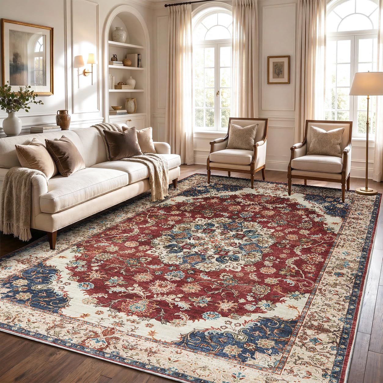 Hafaa Machine Washable Rugs Living Room Large 200x290 cm – Soft Short Pile Area Rugs For Bedroom, Dining Room, Kitchen Carpet Non Slip Traditional Design Vintage Boho Cashmere Rug, Whisper