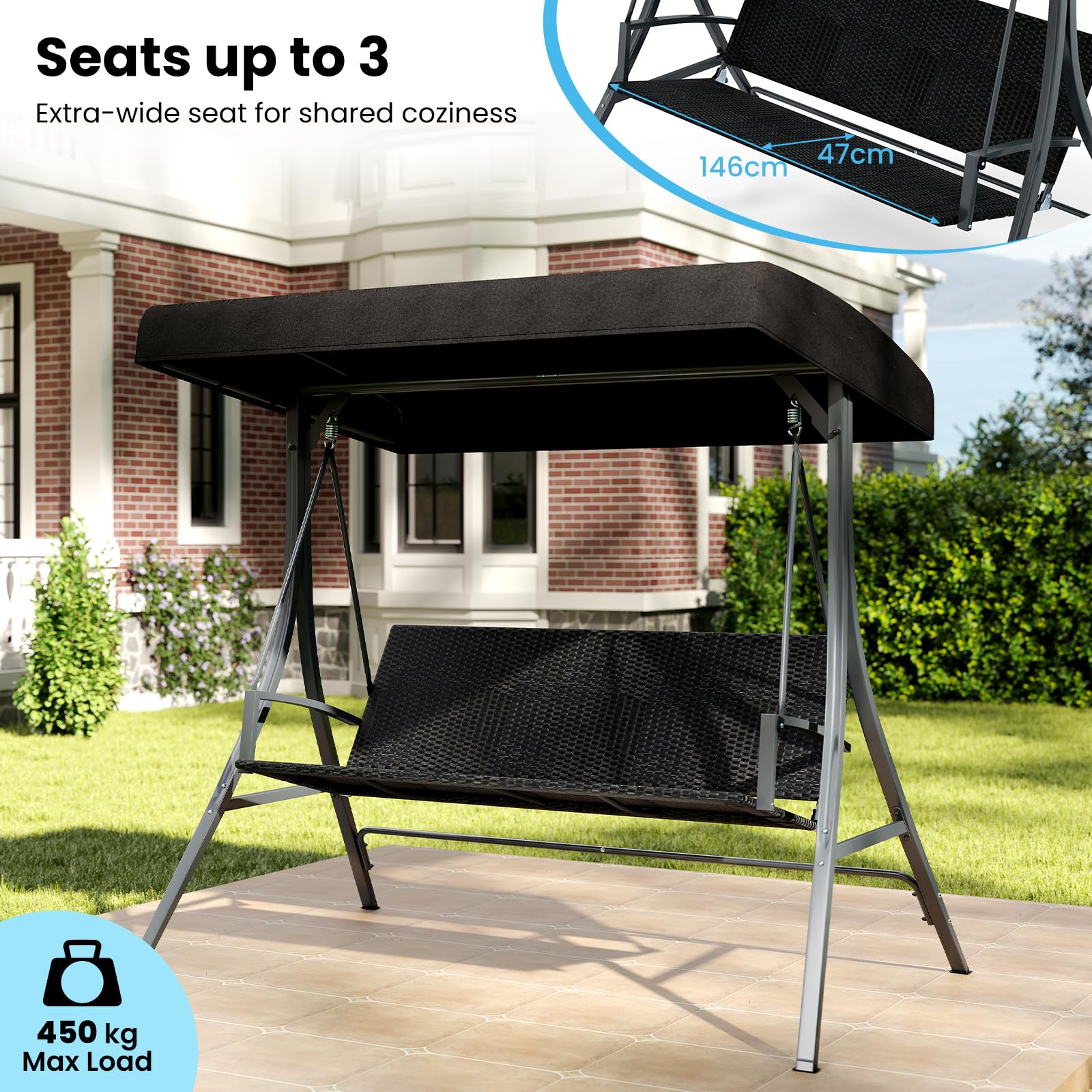 RELAX4LIFE Dondolo da Giardino a 3 Posti con Tettuccio Parasole Regolabile e Seduta in Rattan Traspirante, Portata fino a 450 kg, Arredo per Esterno, 190,5 x 114,5 x 166 cm, Nero