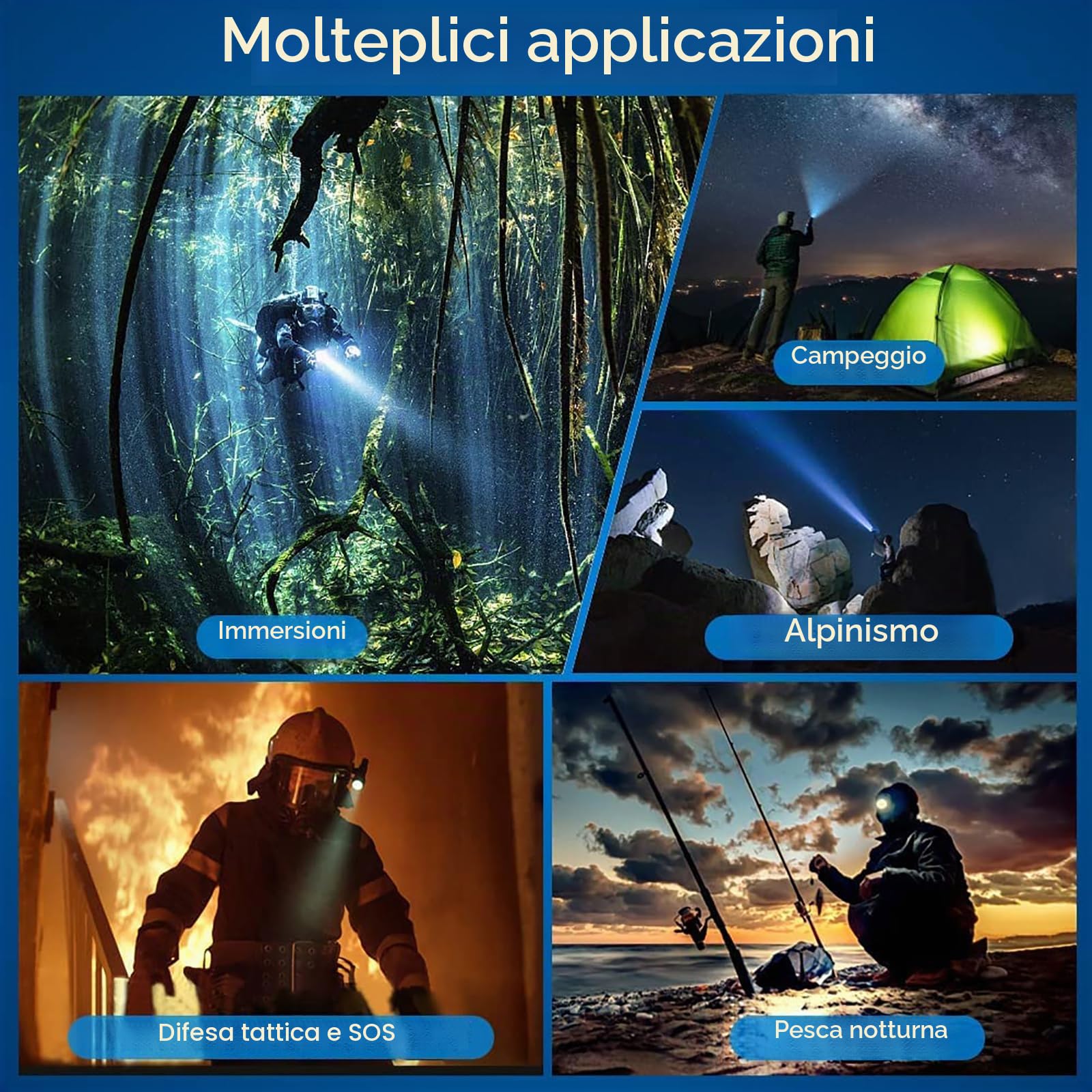 XHP50 Torce subacquee, 3000 lumen USB Vharger ricaricabile IPX8 Luce subacquea impermeabile, 3 modalità lampada di sicurezza, adatto per l'uso notturno in acque profonde Snorkeling
