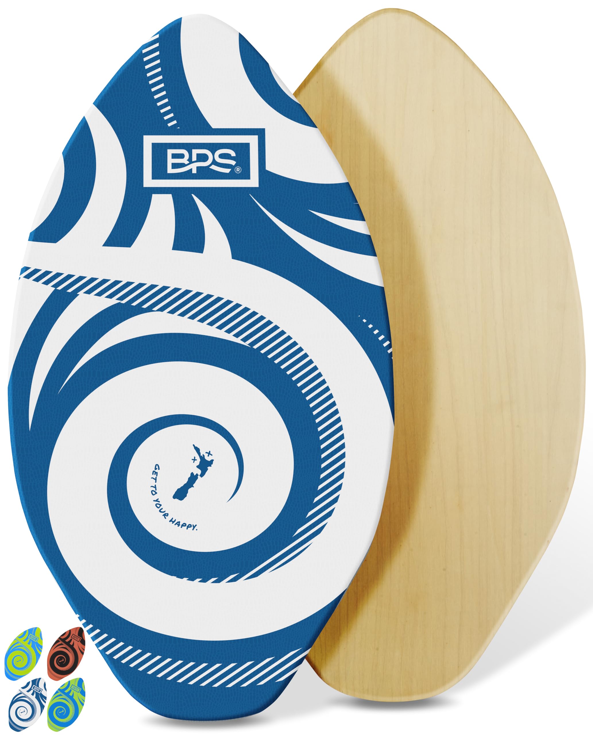 BPS New Zealand ‘Koru’ Skimboard with Colored EVA Grip Pad and High Gloss Clear Coat Wooden Skim Boards for Kids and Adults | Choose from 3 Sizes and Traction Pad Color