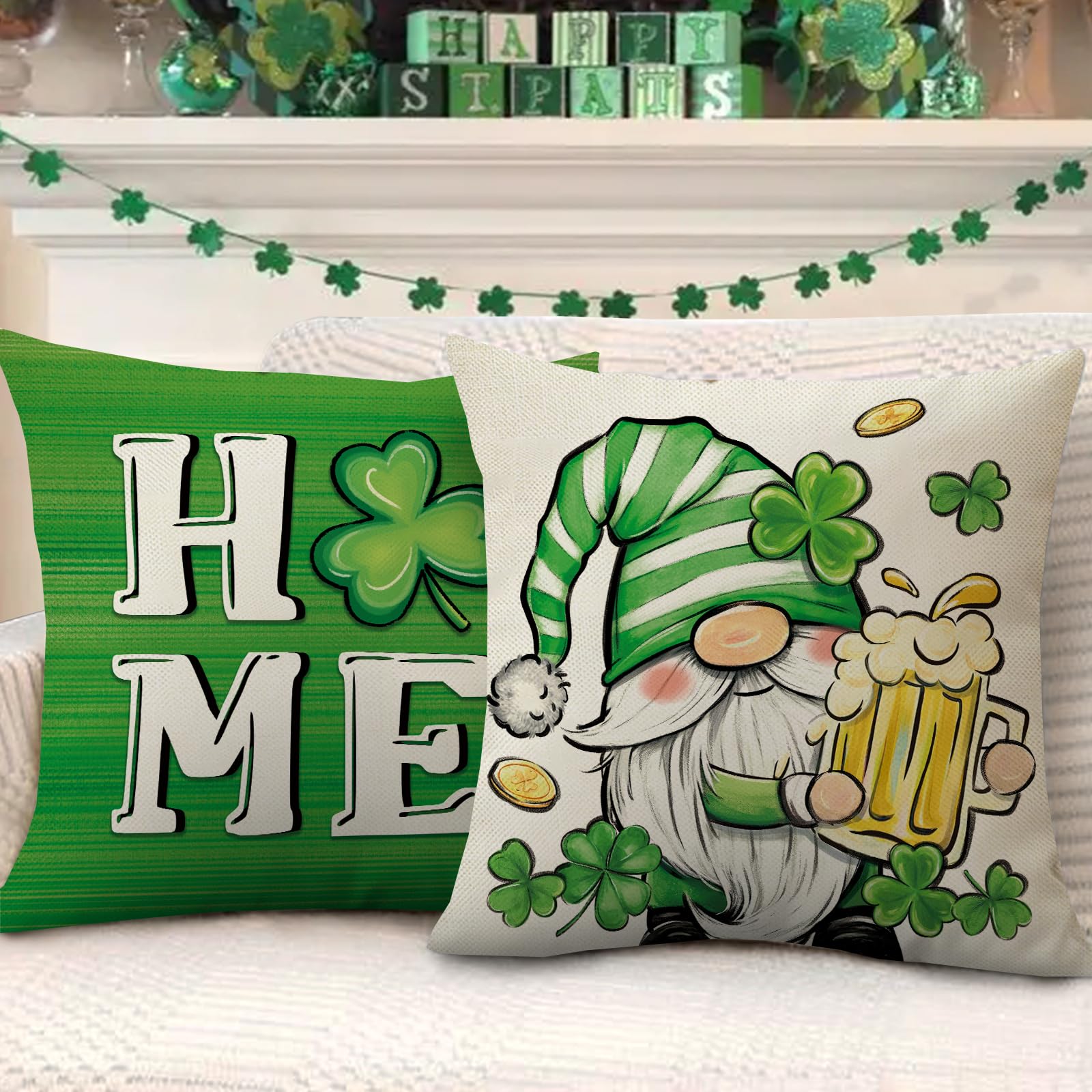AnyDesign St. Patrick's Day Pillow Covers Set Of 4 - Irish Gnome & Shamrock Print 18x18 Inch - View #2