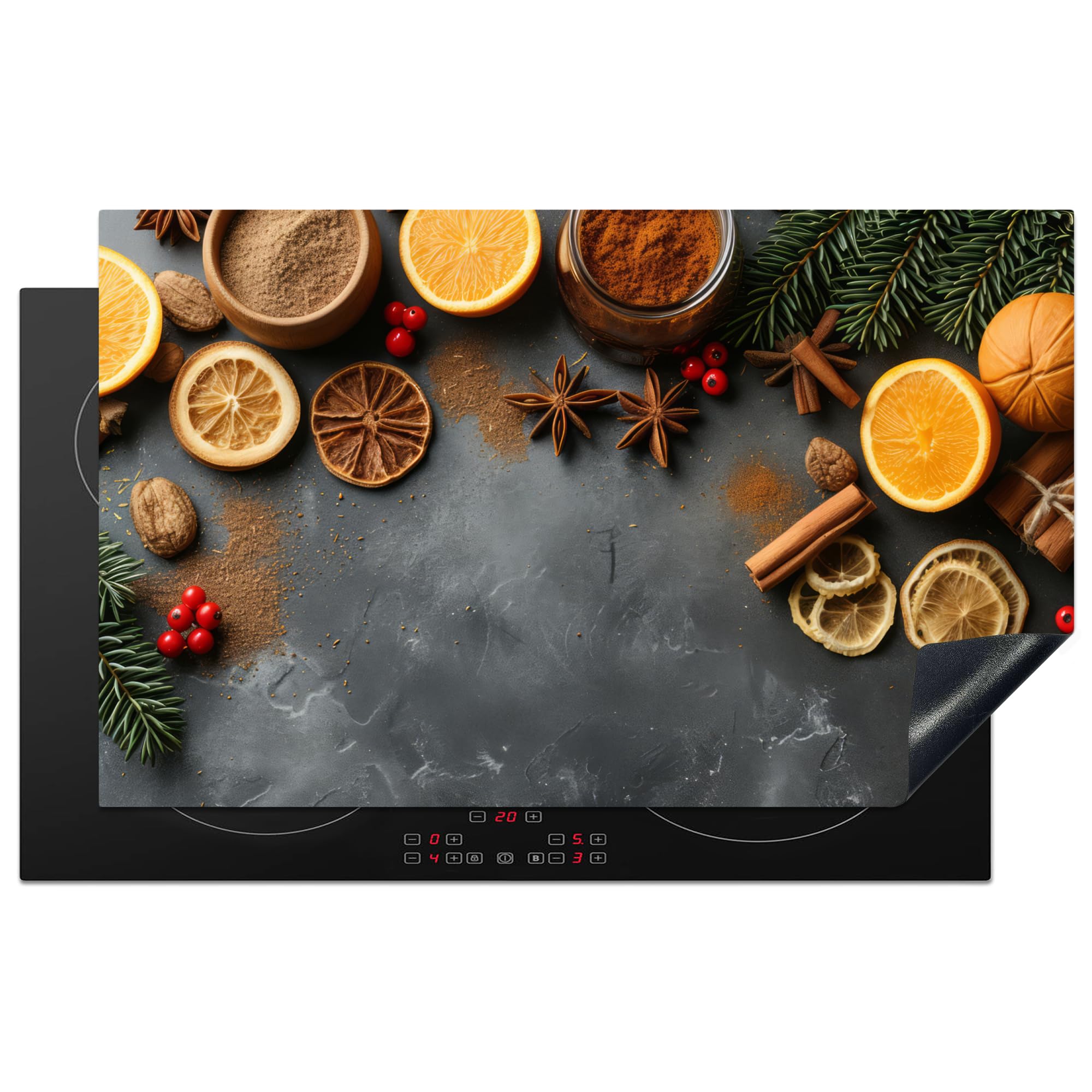 KitchenYeah© Induction Hob Protector Mat 20.3"x32.7" / 83x51.5 cm Cooker Top Protectors Cover Ceramic Covers Electric Hobs Vinyl Fruit - Spices - Concrete - Orange