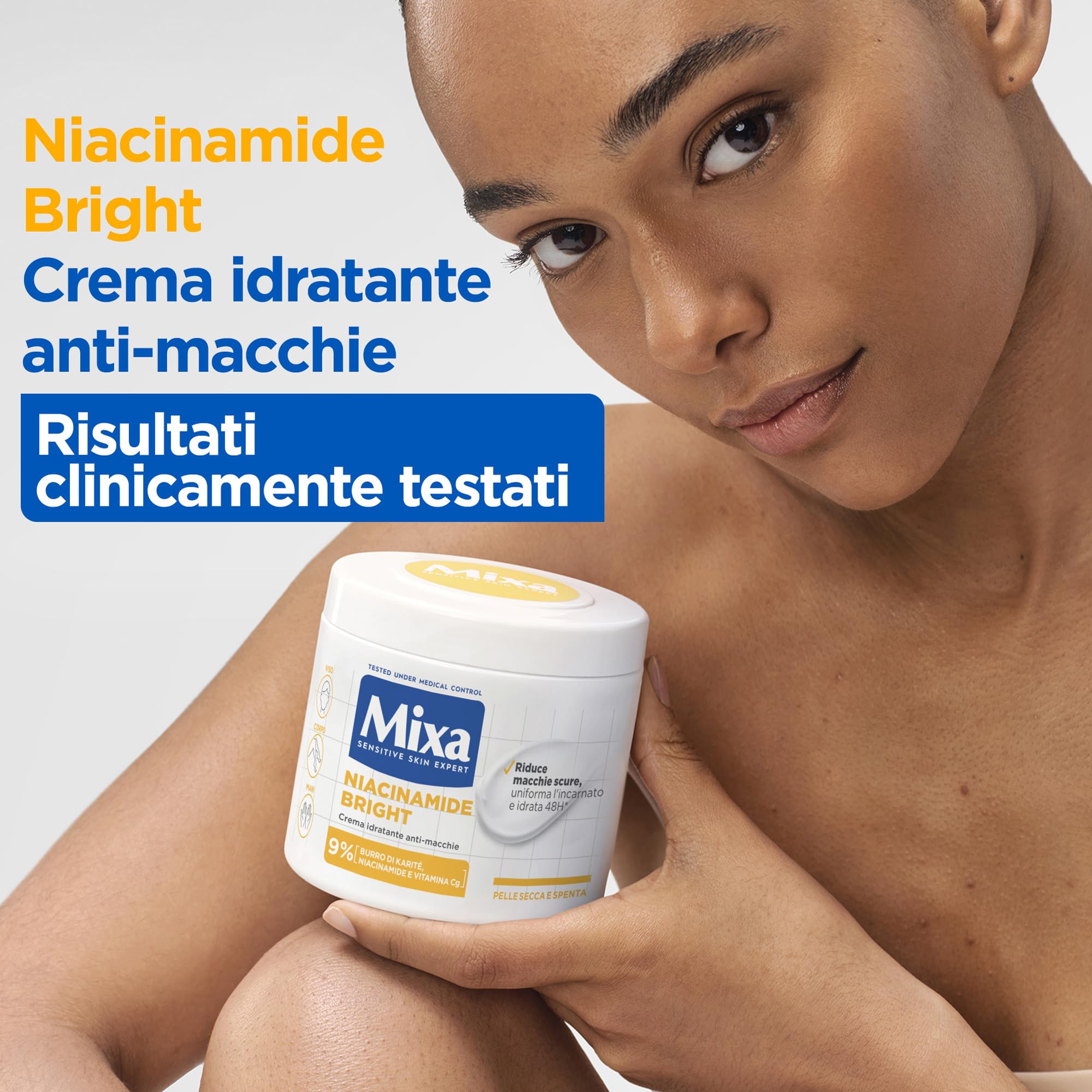 Mixa Crema Idratante Anti-Macchie, Per Pelle Secca e Spenta, Pelle Idratata per 48H, Incarnato Luminoso e Uniforme, Con il 9% di Niacinamide, Vitamina C e Burro di Karité, Niacinamide Bright, 400 ml