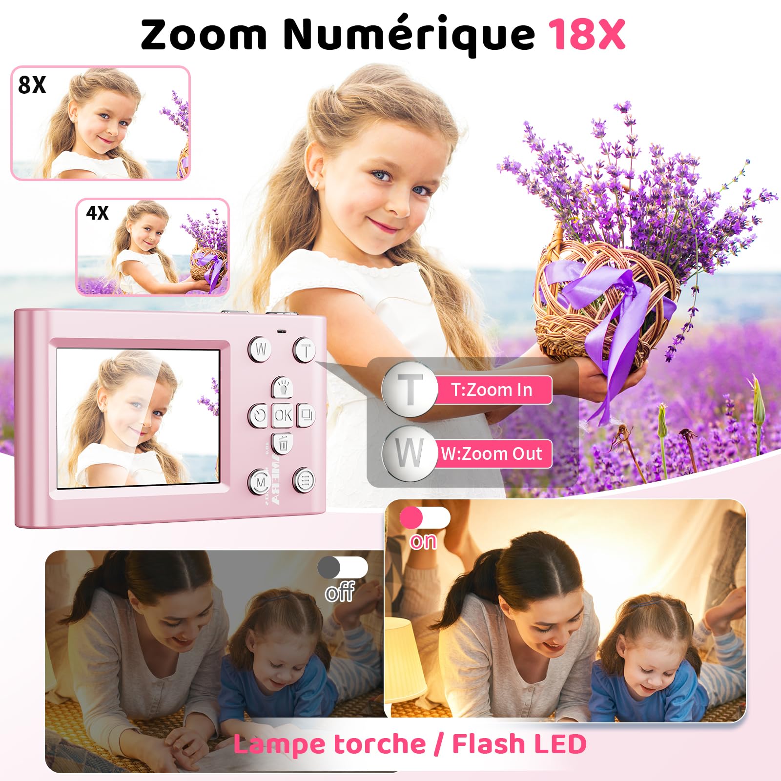 CHAKEYAKE Appareil Photo Numérique, 4K 64MP Appareil Photo Compact Portable avec Autofocus, Zoom Numérique 18X, écran LCD 2,4", Carte 32 Go, pour Enfants Adolescents Vlogging Débutants, Rose