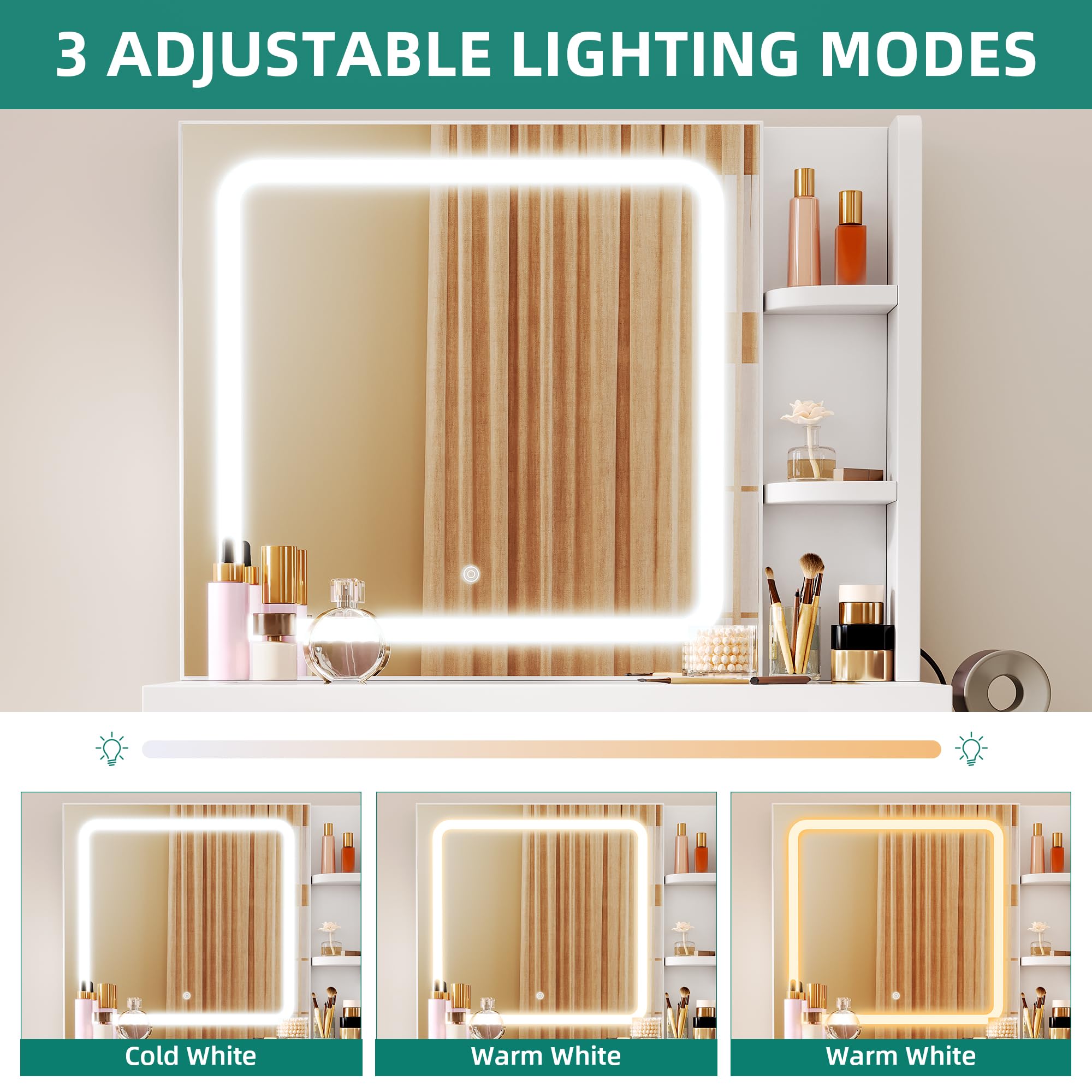 YITAHOME Schminktisch mit Verstellbarer LED-Beleuchtung und Steckdosen, Make-up-Tisch mit transparenter Glasplatte, Frisiertisch für das Schlafzimmer, 1 Schublade und 4 Fächer, weiß