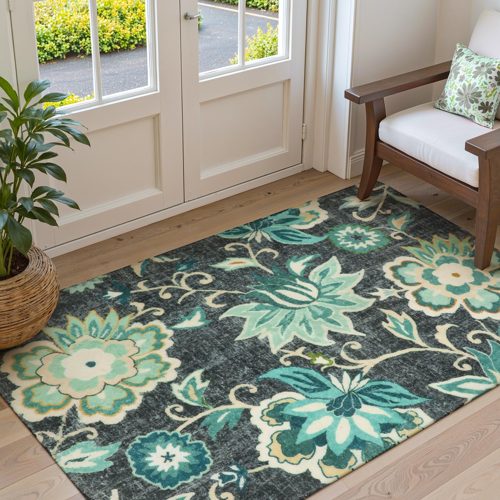 Lahome Floral Living Room Rug - 3x5 Area Rugs for Bedroom Machine Washable Non-Slip Throw Kitchen Entryway Rug Soft Paisley Print Distressed Floor Capet for Office Laundry Room Dining Room B