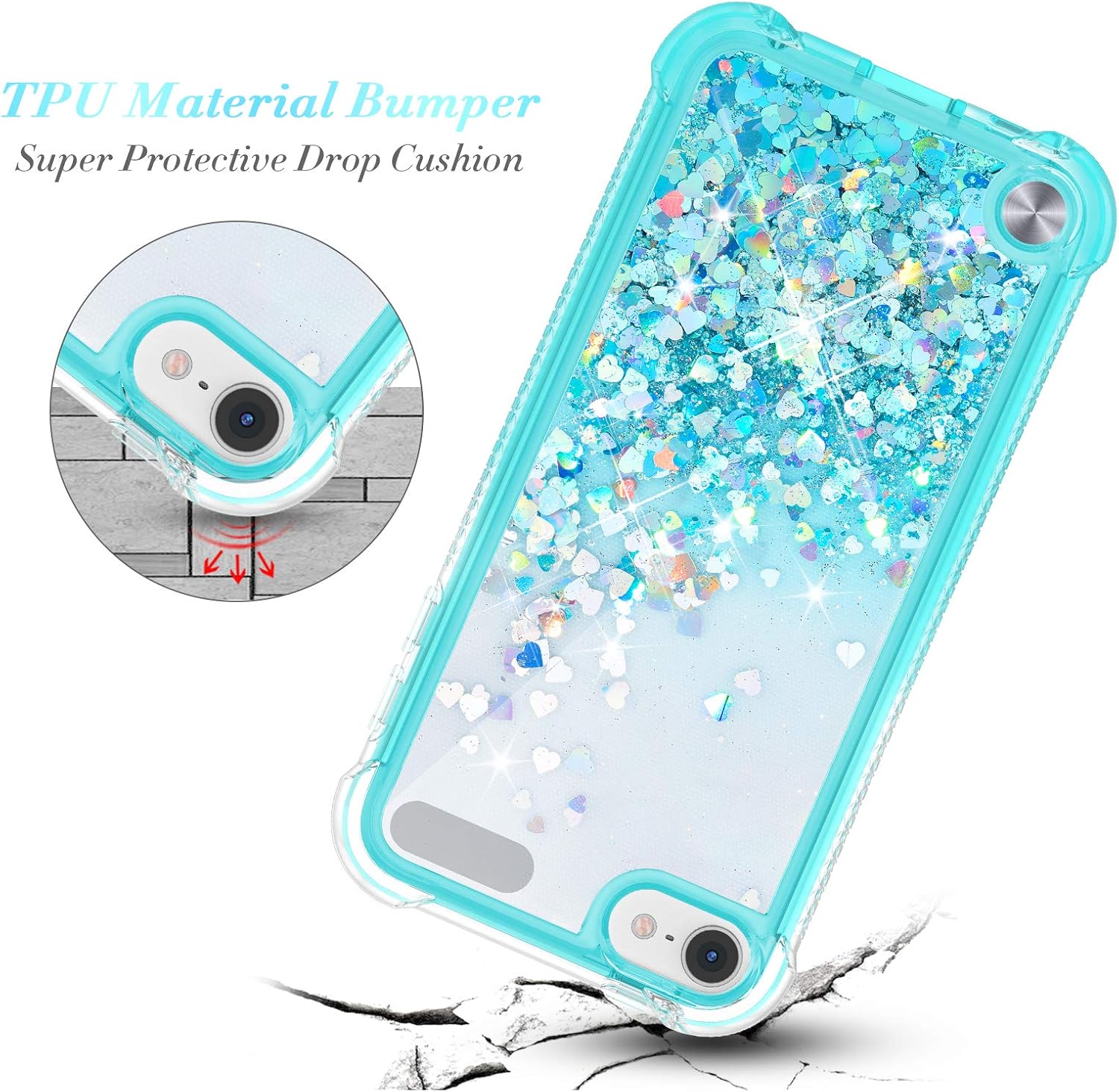 Caka iPod Touch 5 6 7 Case, iPod Touch 7 Glitter Case Bling Liquid Sparkle Fashion Girly Girls Women Flowing Bumper Cushion TPU Case for iPod Touch 5 6 7 (Gradinet Teal)