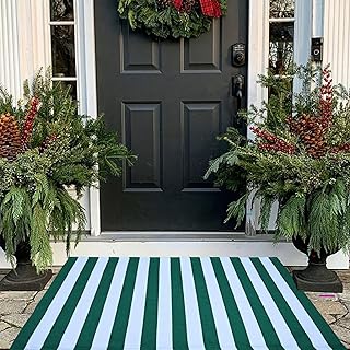 Green & White Christmas Striped Rug, 2'4" x 3'7" Indoor/Outdoor Area Rug for Farmhouse Front Porch, Entryway, Machine Washable Cotton Woven Welcome Door Mat