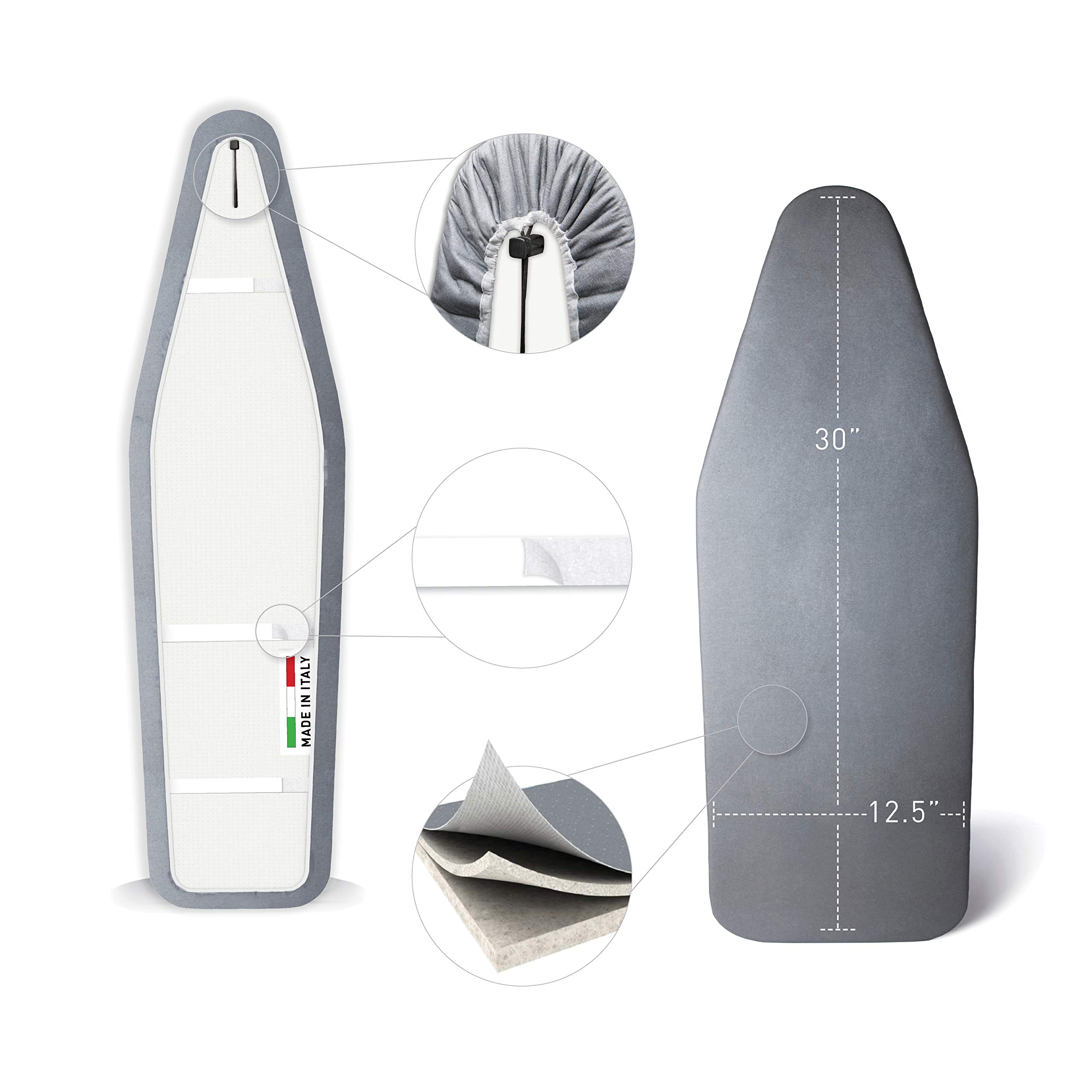 TIVIT Size 30X12.5 Premium Ironing Board Cover - Alumitek Coating, Scorch Resistant, Thick Padding, 3 Fastener Straps, Pull Bungee - Made in Italy