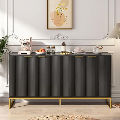 Miniatura 3 de Fiogmub Armario de acento estriado, armario de cocina con 4 puertas acanaladas, armario de almacenamiento moderno con estantes ajustables para sala