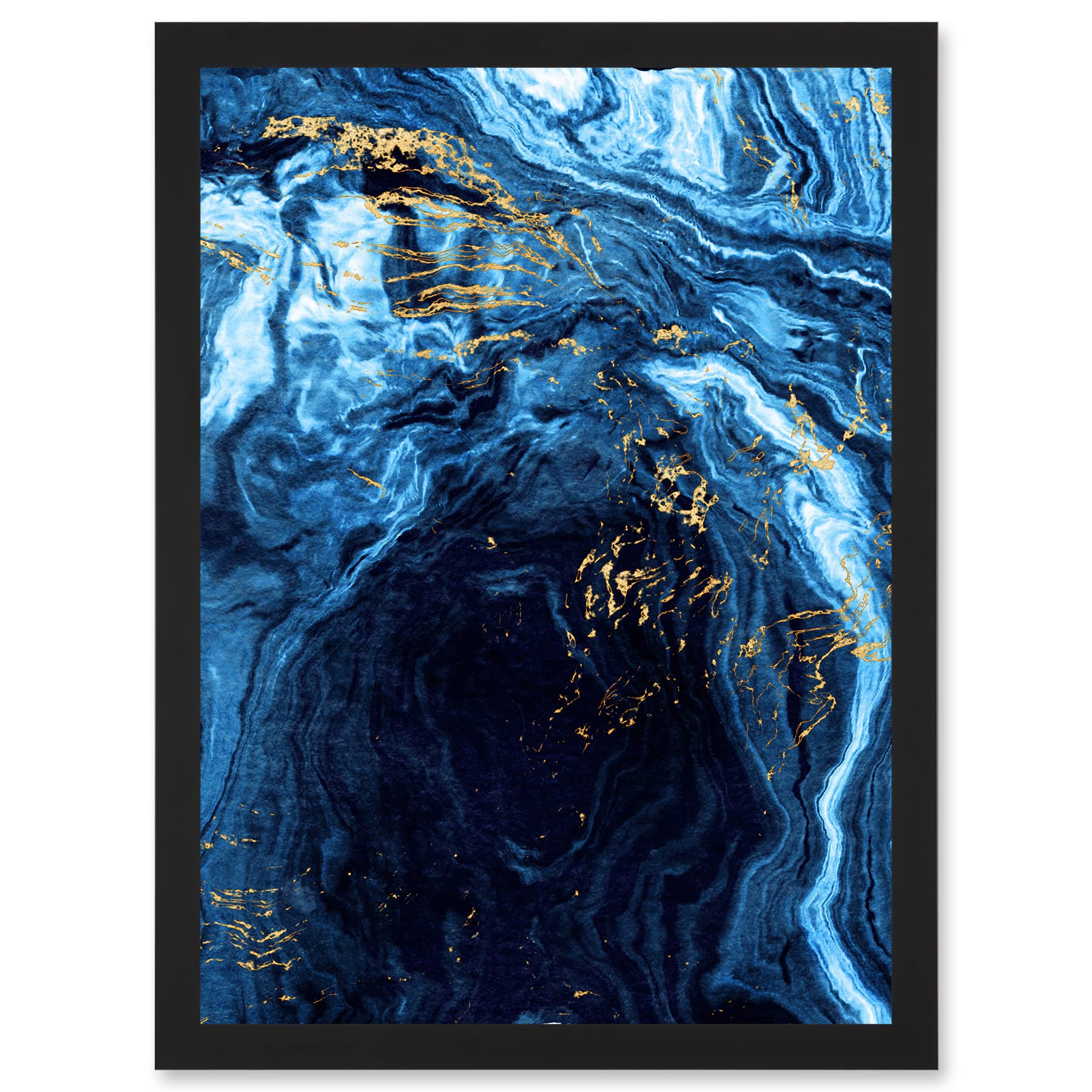 Abstract Dark Blue Gold Flow Watercolour Framed Wall Art Print A4 - Artery8
