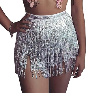 Womens Belly Dance Hip Scarf with Sparkly Fringe Rave Party Sequin Skirt Costume Festival Tassel Skirt