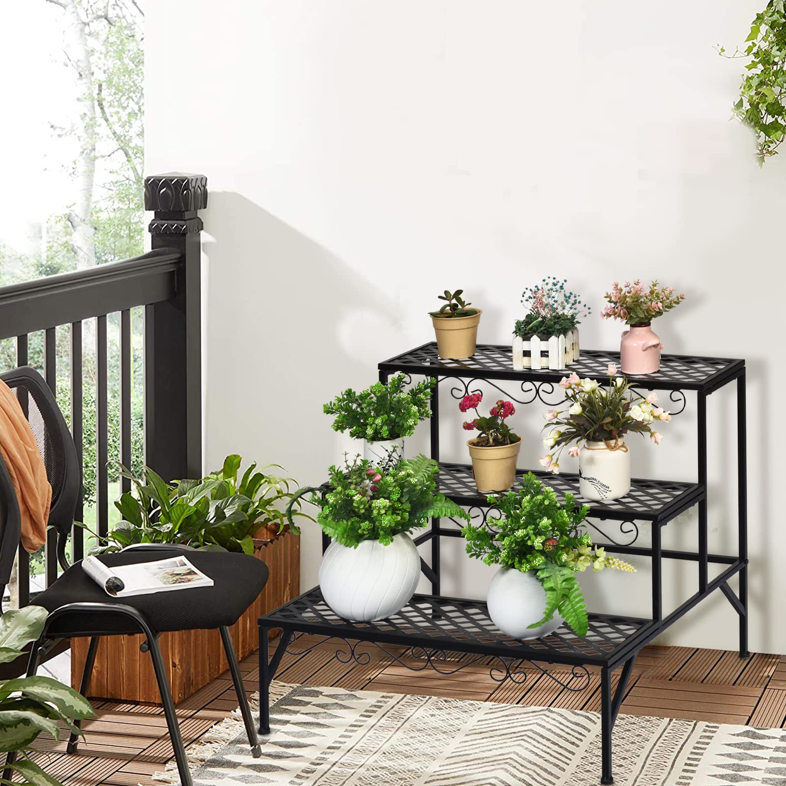 GOPLUS Soporte de metal para plantas, 3 niveles, escalera para flores, escaleras para plantas, para jardín, balcón, negro, 70 x 60 x 60,5 cm (rectangular con diseño)