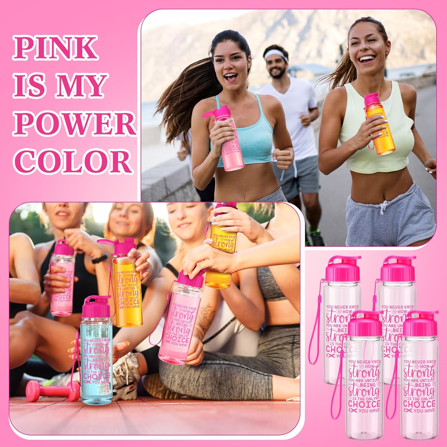 Reallnaive 12 Pcs Breast Cancer Gifts for Woman 17 oz Breast Cancer Awareness Water Bottles Inspirational Pink Plastic Cups Sport Water Bottles Survivor Gifts for Woman