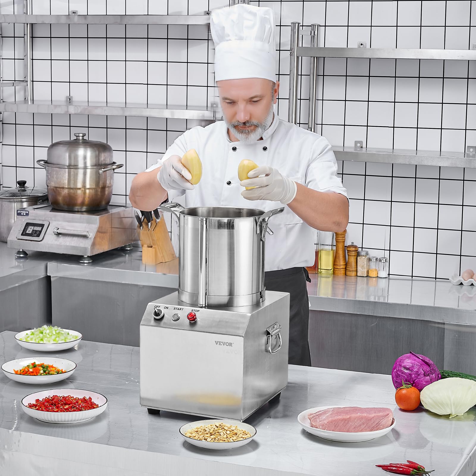 VEVOR Procesador de Alimentos y Picadora de Verduras, Acero Inoxidable de Grado Alimenticio 10 l con 2 Cuchillas Curvas S Adicionales, para Picar Verduras, Frutas, Granos y Nueces, 360 x 355 x 565 mm