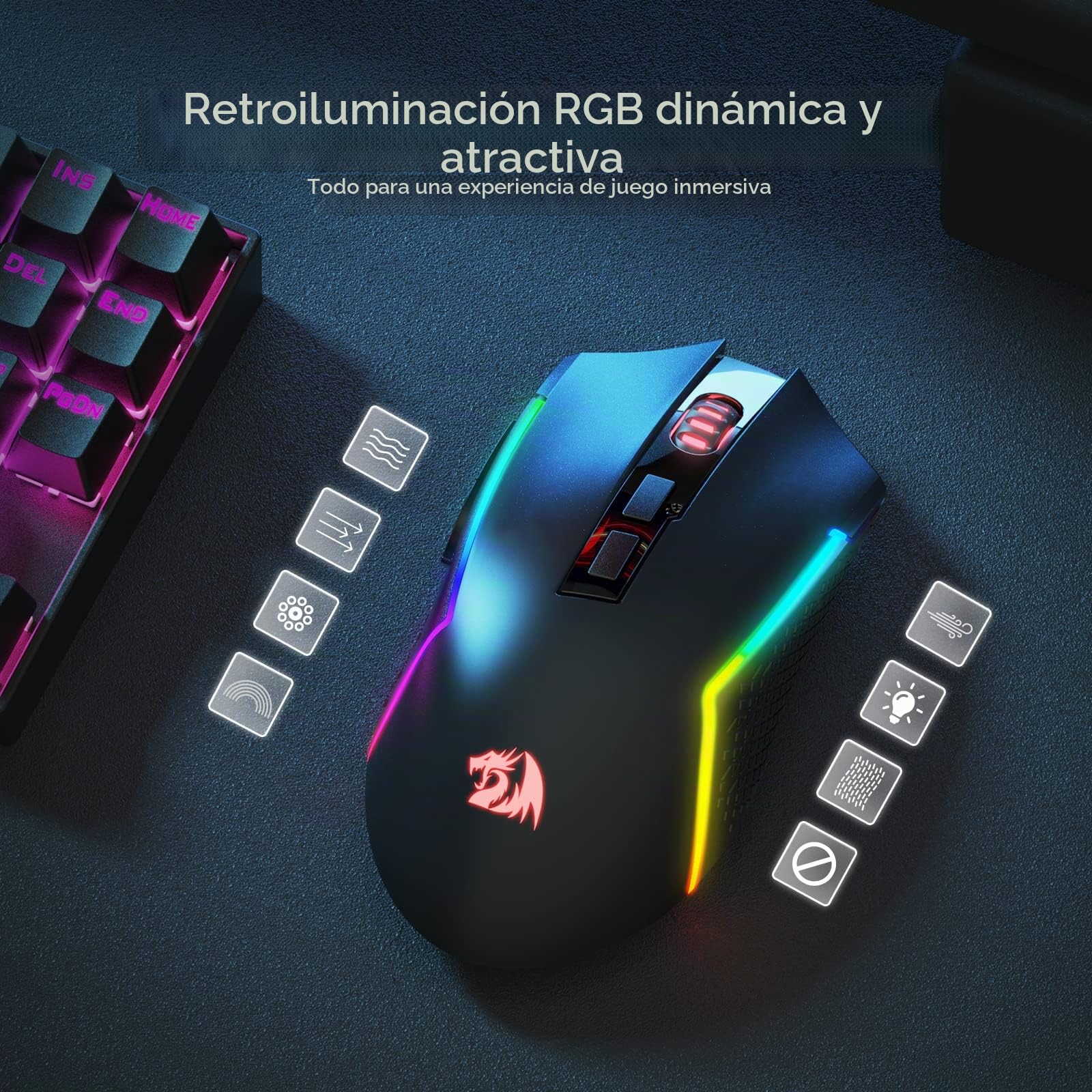 Redragon Ratón inalámbrico para juegos M693 LIT, 8000 DPI con conexión de 3 modos, BT y 2.4G inalámbrico, 7 botones macro, capacidad de alimentación fiable para PC/Mac/Laptop
