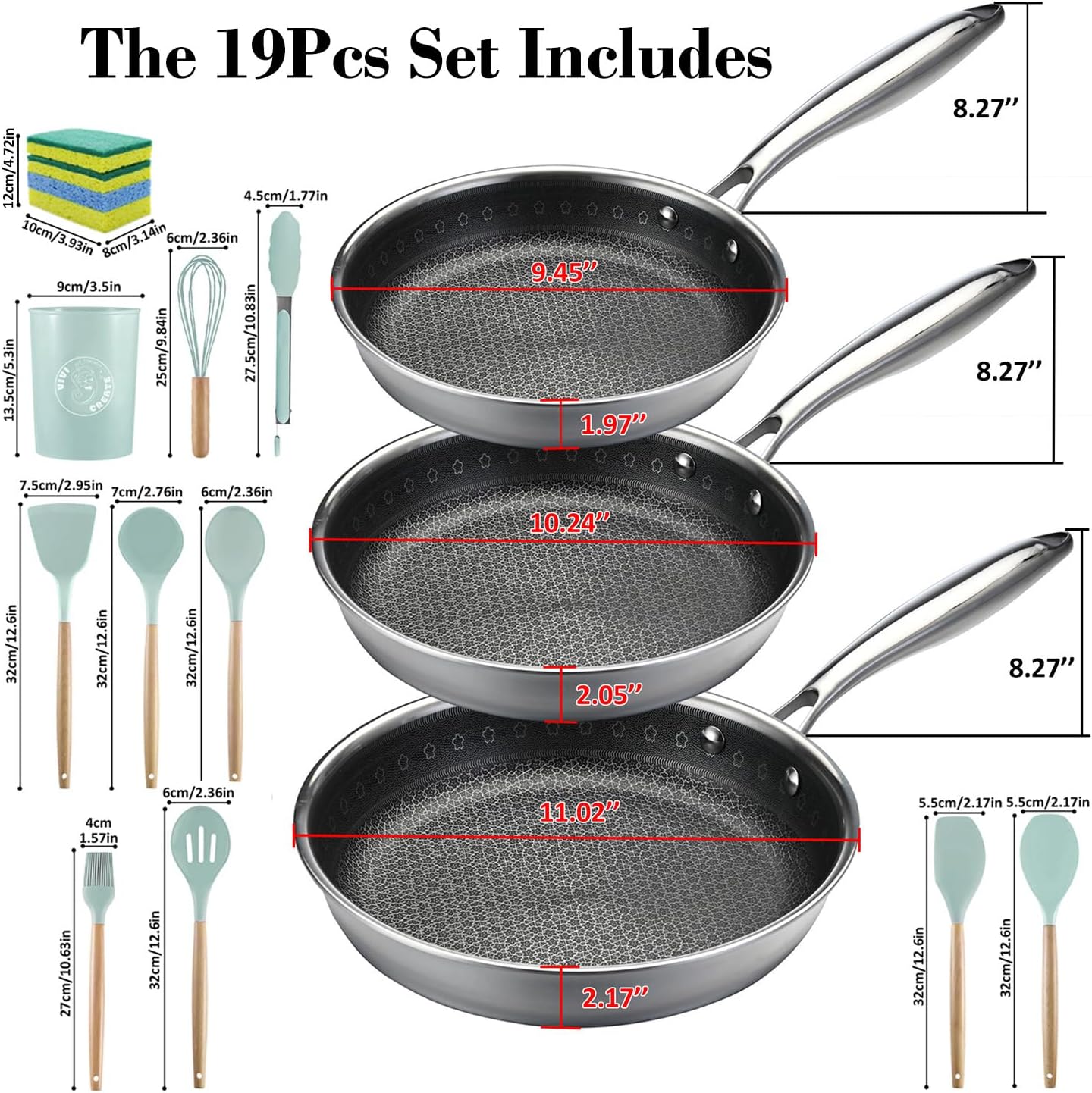 Vivicreate 19-Piece Tri-ply Stainless Steel Frying Pan Set Skillets cookware set with Kitchen Utensils 9.5 10.25 11.02 Inch Pan sets sartenes de acero inoxidable - Image 6