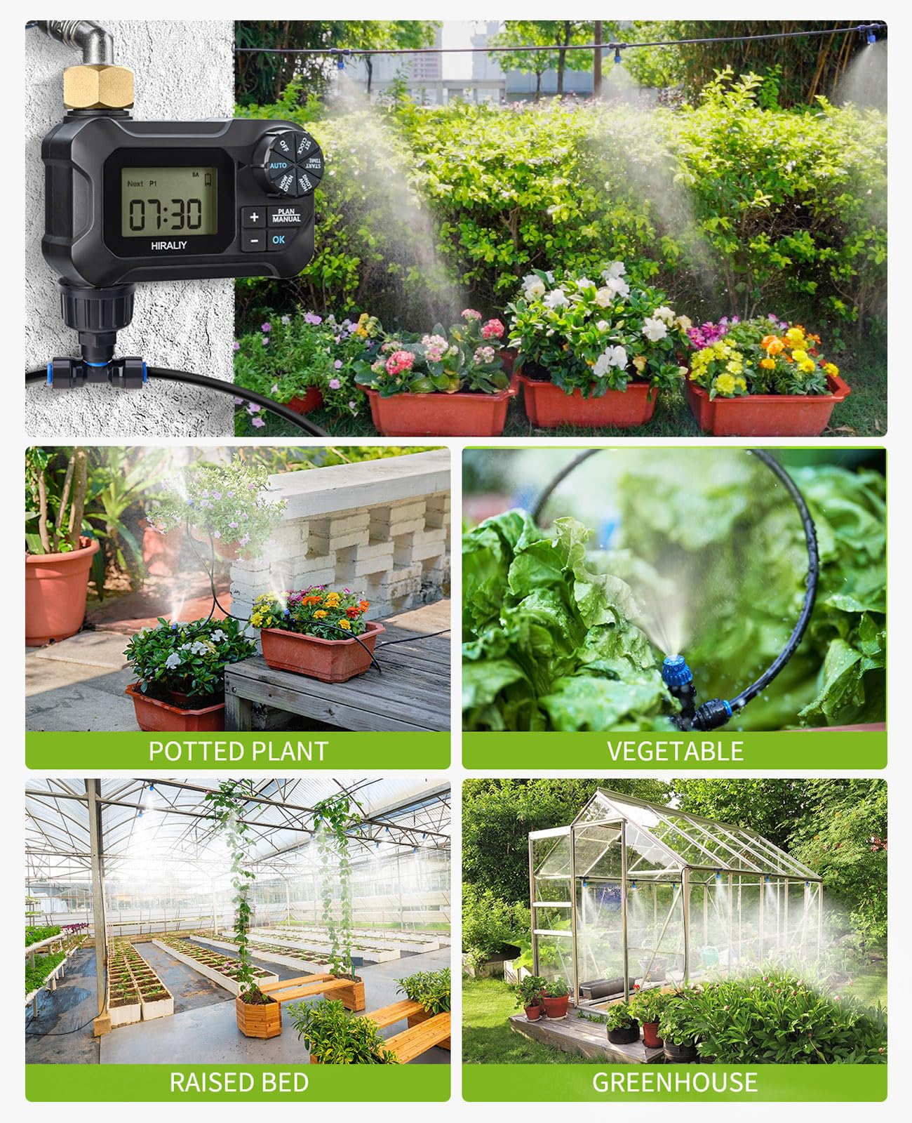 HIRALIY Kit de riego por goteo de invernadero de 59 pies con temporizador de jardín, sistema de riego de plantas colgantes, con tubo, boquillas de nebulización y temporizador de agua, diseño de