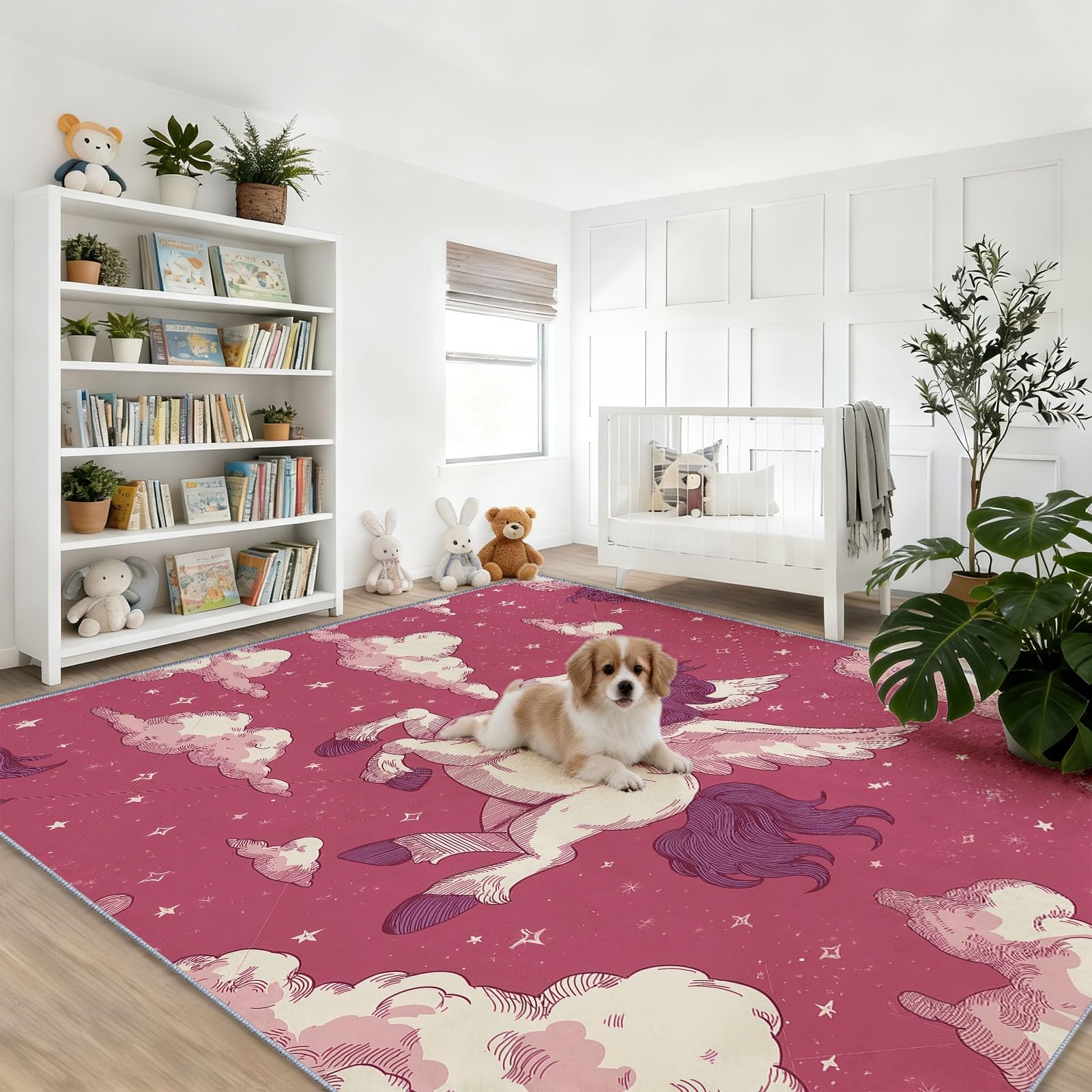 Teppich rutschfeste für Wohnzimmer Kinderzimmer, Zeichentrickfilm Sterne Tiere Pferde Deko Flanell Antirutsch Carpet Rosa Waschbarer Innenbereich Teppich 100 x 150 cm für Wohnzimmer Büro