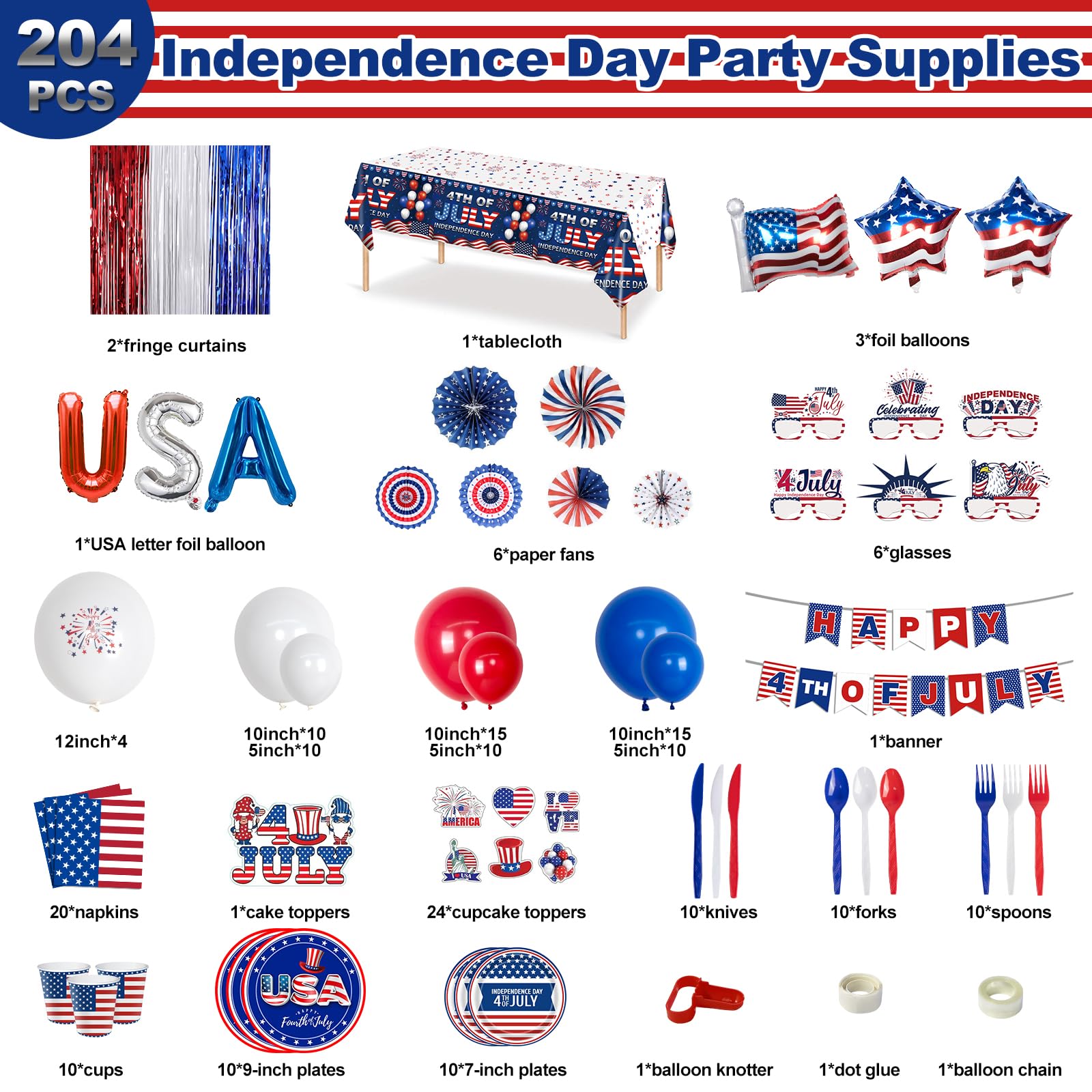HJINGY 204 PCS 4th of July Party Decorations, Patriotic Party Supplies for Independence Day Includes Red White Blue Balloons Curtains Banner Paper Fans Glasses Tablecloth Plates for Fourth of July